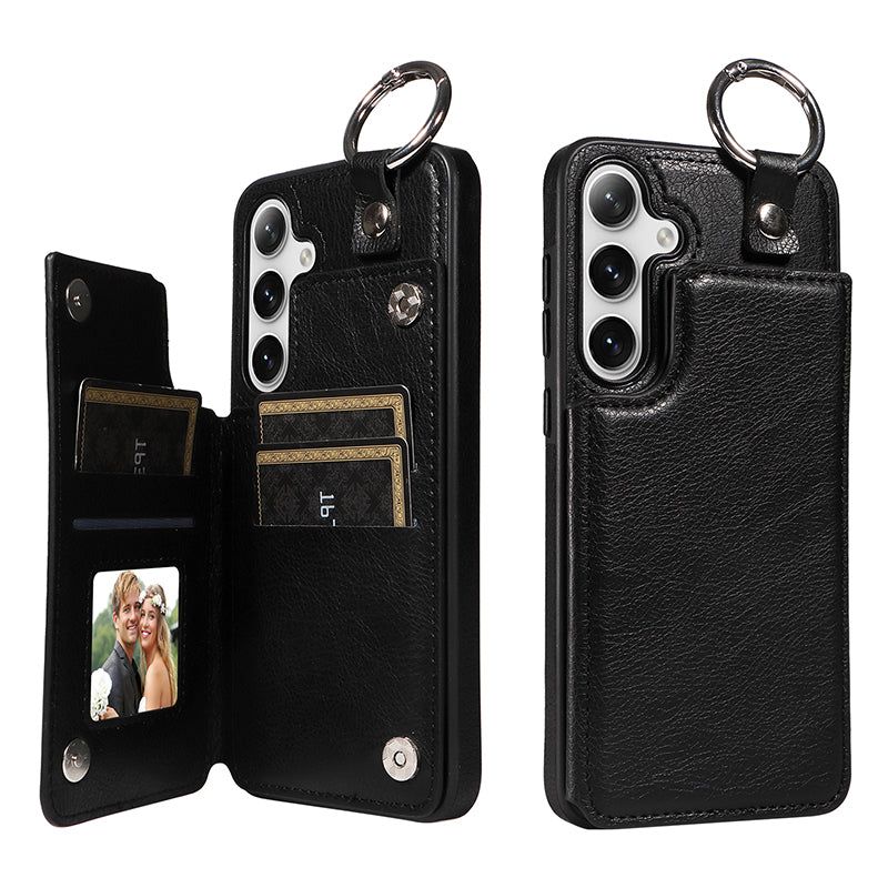 003 For Samsung Galaxy S24 Case Litchi Texture PU Leather Phone Cover with Ring Buckle - Black - UNIQKART