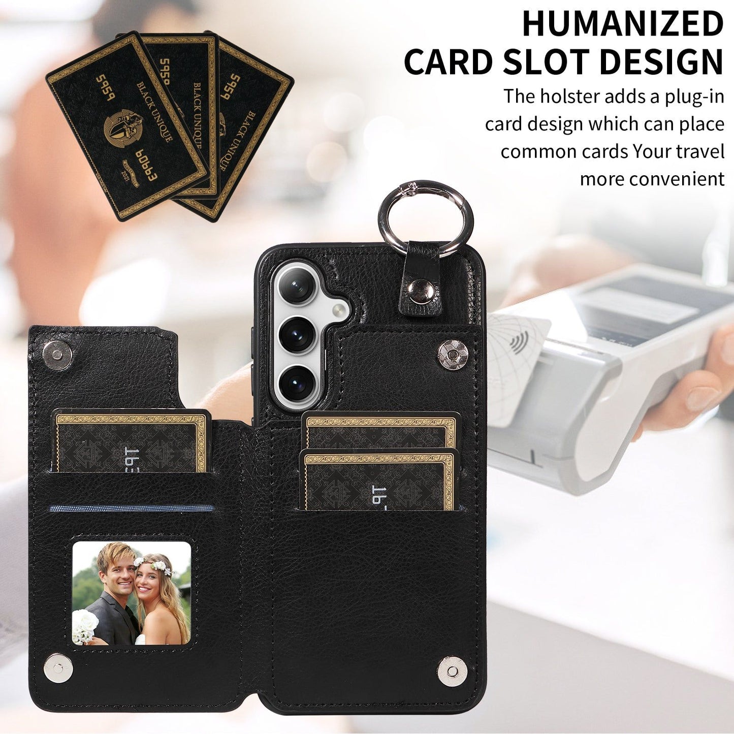 003 For Samsung Galaxy S24 Case Litchi Texture PU Leather Phone Cover with Ring Buckle - Black - UNIQKART