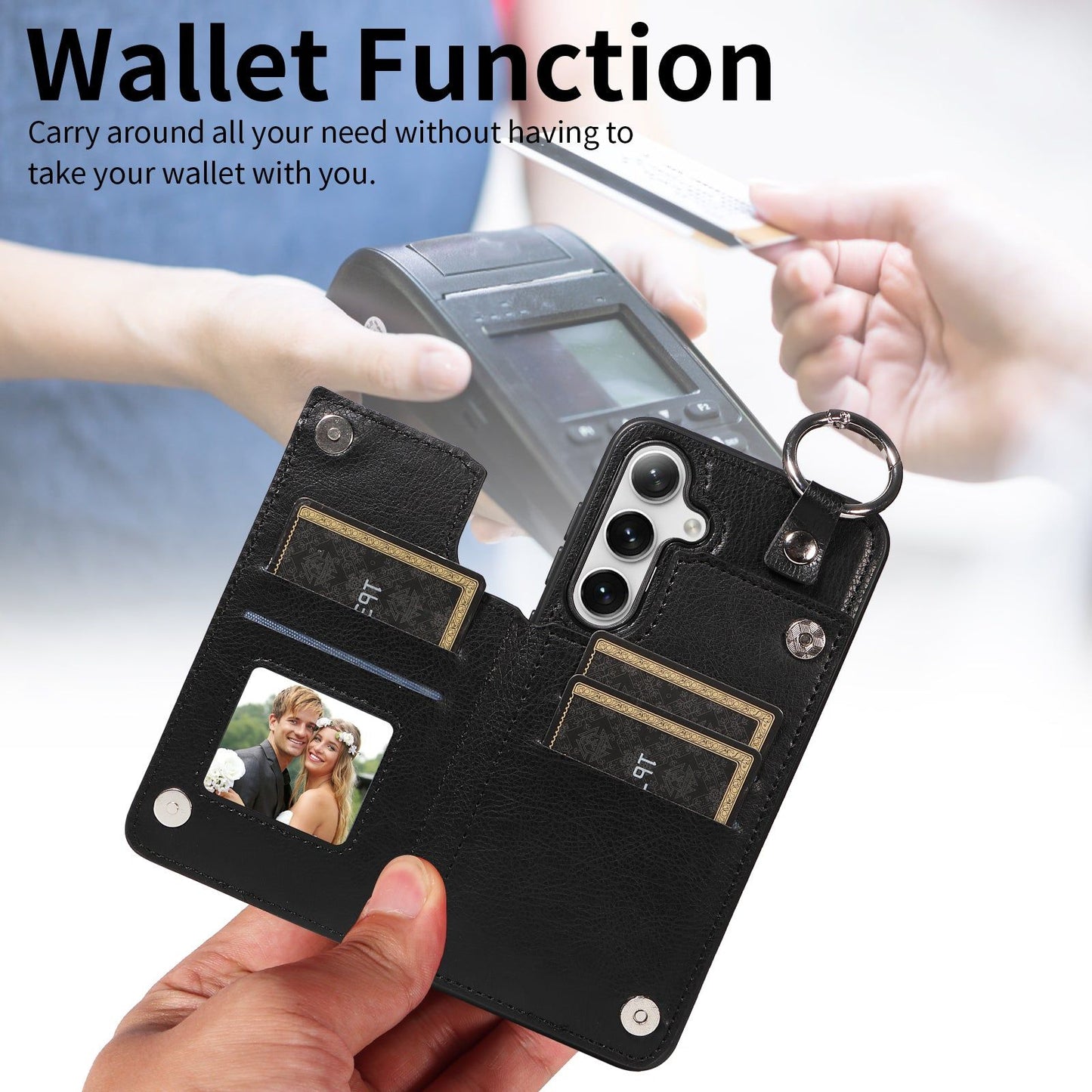 003 For Samsung Galaxy S24 Case Litchi Texture PU Leather Phone Cover with Ring Buckle - Black - UNIQKART
