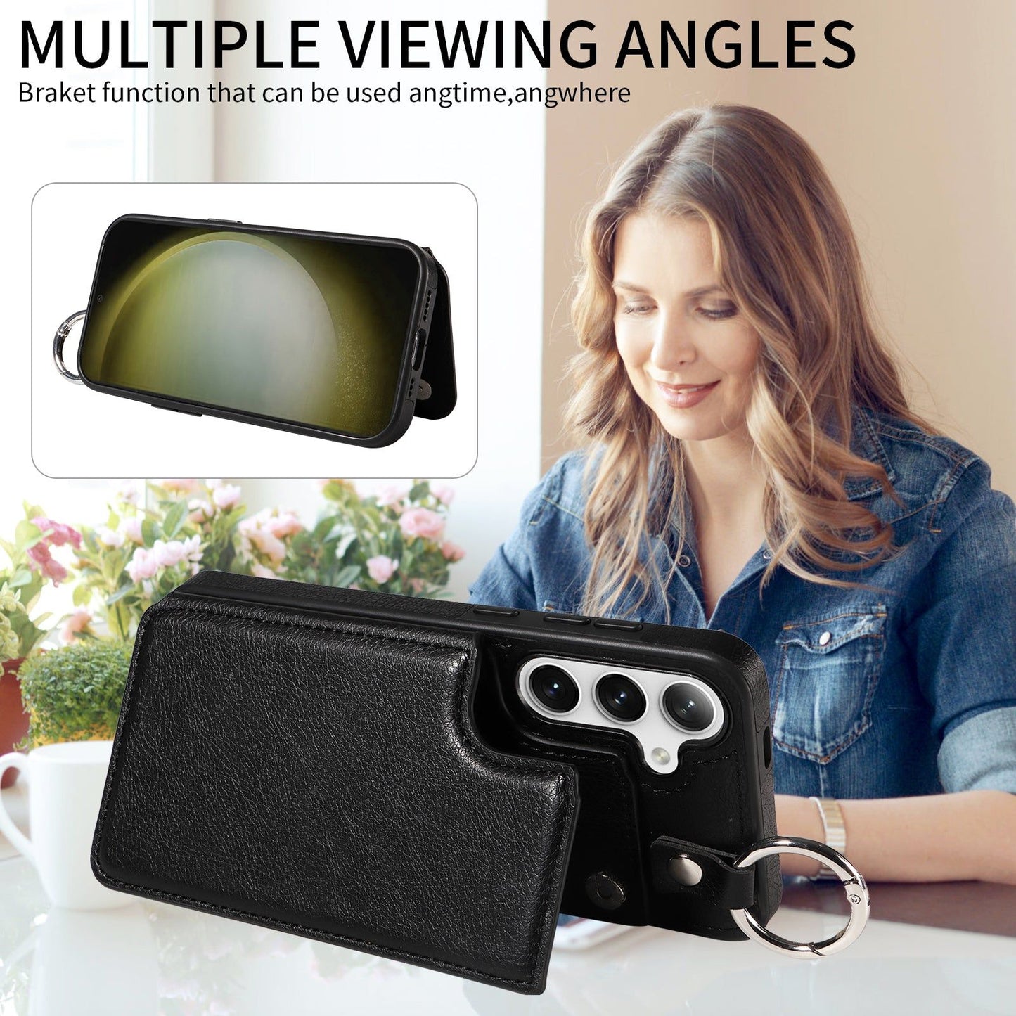 003 For Samsung Galaxy S24 Case Litchi Texture PU Leather Phone Cover with Ring Buckle - Black - UNIQKART