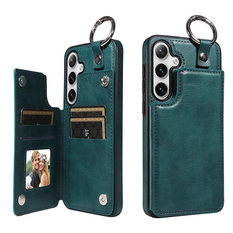 003 For Samsung Galaxy S24 Case Litchi Texture PU Leather Phone Cover with Ring Buckle - Blue Green - UNIQKART