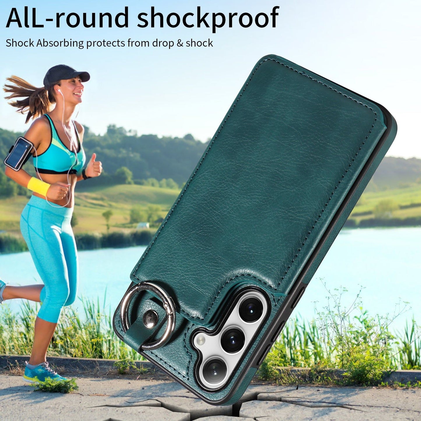 003 For Samsung Galaxy S24 Case Litchi Texture PU Leather Phone Cover with Ring Buckle - Blue Green - UNIQKART