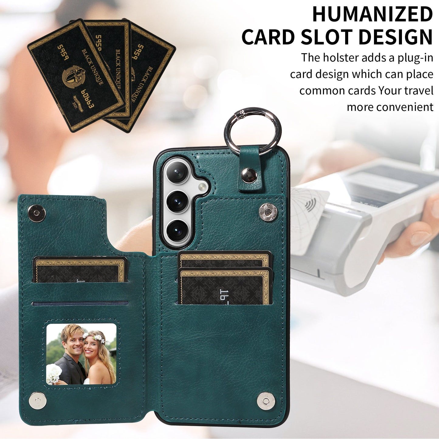 003 For Samsung Galaxy S24 Case Litchi Texture PU Leather Phone Cover with Ring Buckle - Blue Green - UNIQKART