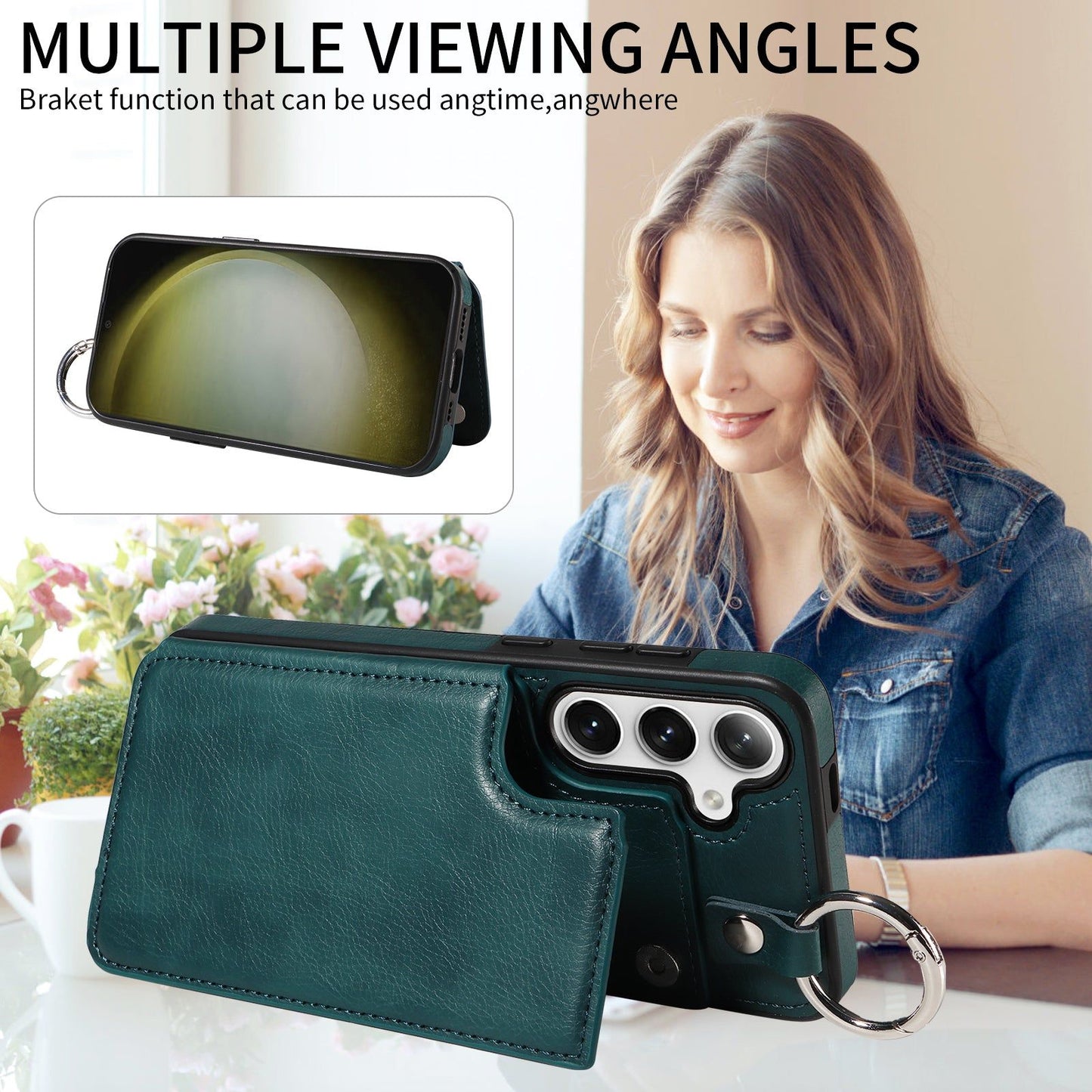 003 For Samsung Galaxy S24 Case Litchi Texture PU Leather Phone Cover with Ring Buckle - Blue Green - UNIQKART