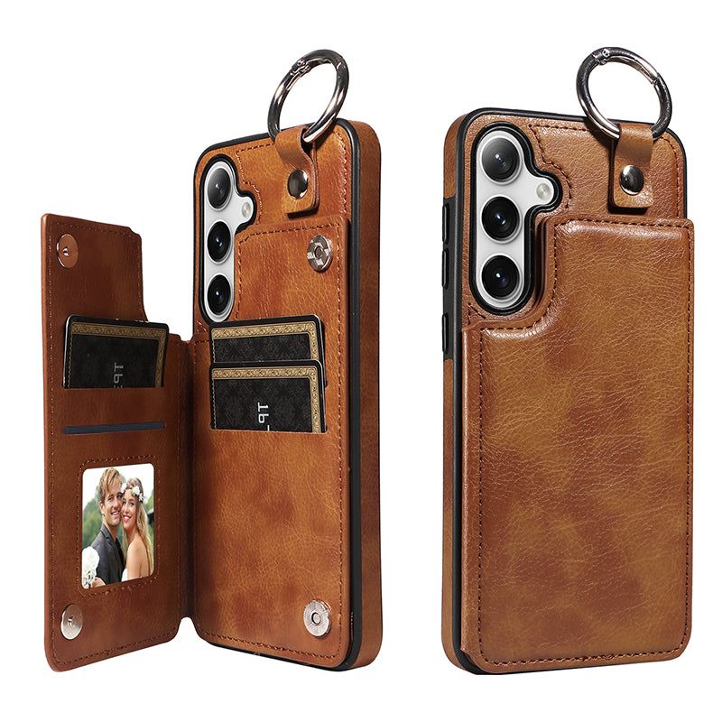 003 For Samsung Galaxy S24 Case Litchi Texture PU Leather Phone Cover with Ring Buckle - Brown - UNIQKART