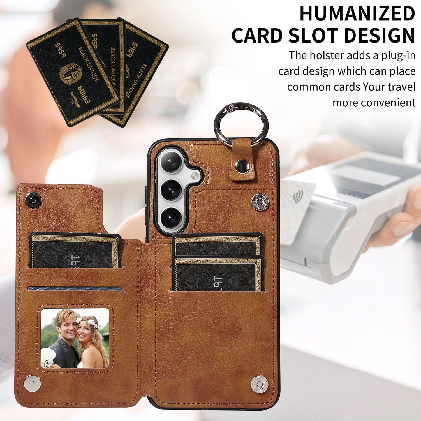 003 For Samsung Galaxy S24 Case Litchi Texture PU Leather Phone Cover with Ring Buckle - Brown - UNIQKART