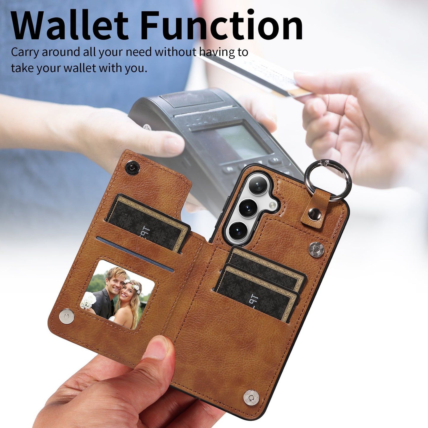 003 For Samsung Galaxy S24 Case Litchi Texture PU Leather Phone Cover with Ring Buckle - Brown - UNIQKART