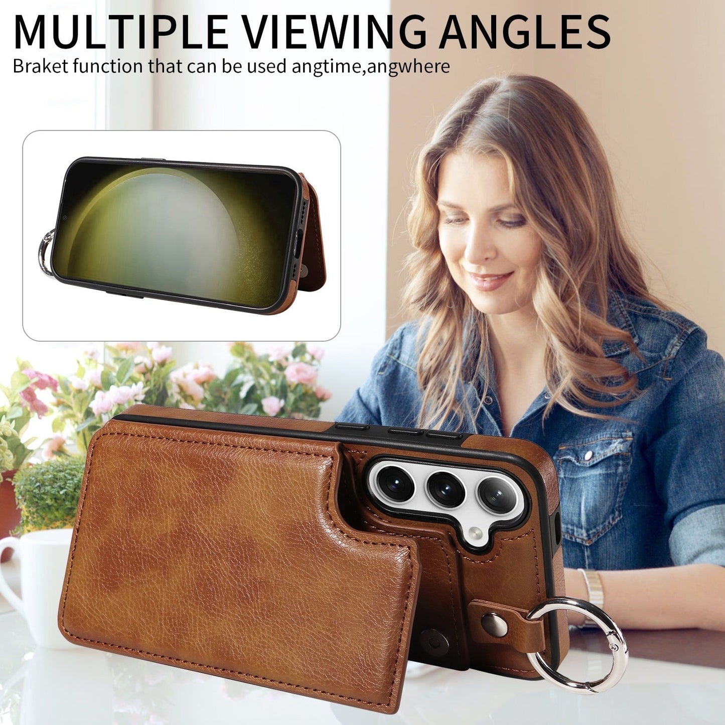 003 For Samsung Galaxy S24 Case Litchi Texture PU Leather Phone Cover with Ring Buckle - Brown - UNIQKART