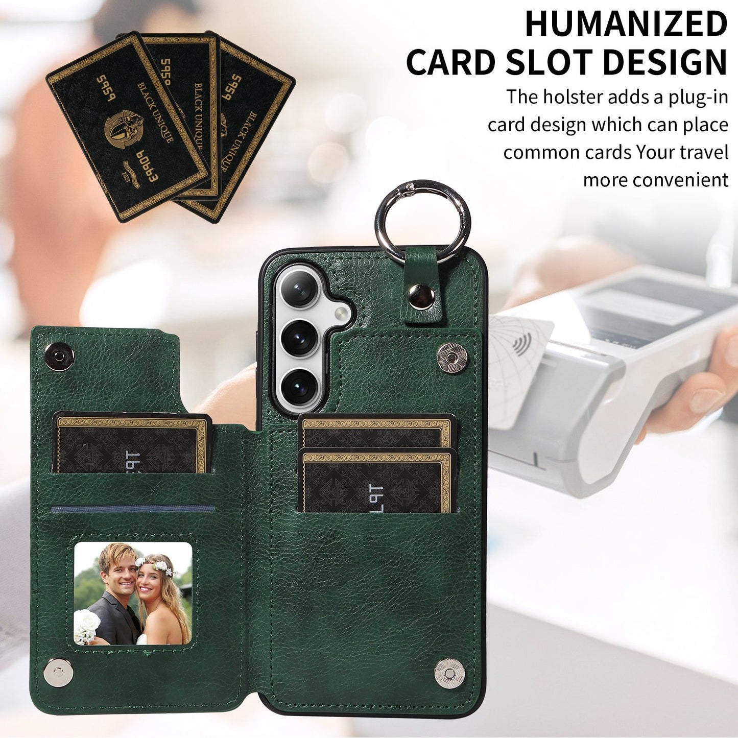 003 For Samsung Galaxy S24 Case Litchi Texture PU Leather Phone Cover with Ring Buckle - Green - UNIQKART