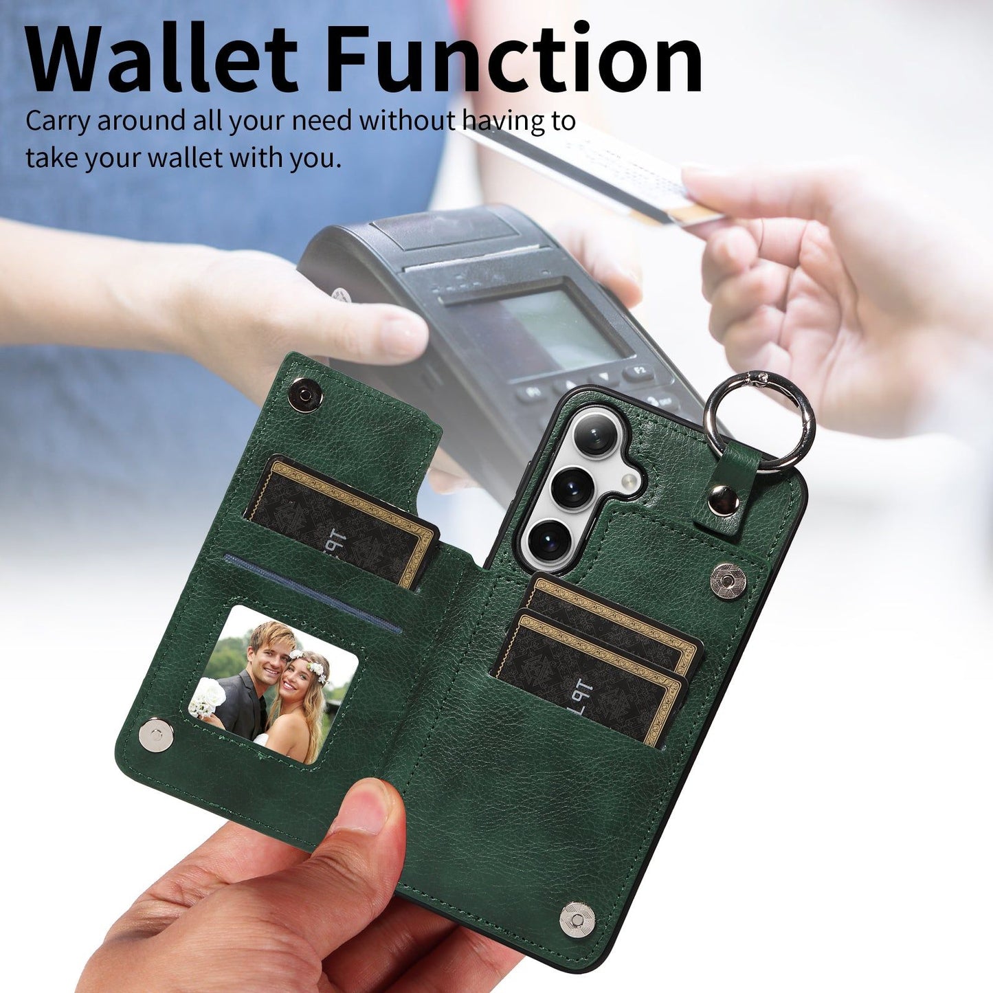 003 For Samsung Galaxy S24 Case Litchi Texture PU Leather Phone Cover with Ring Buckle - Green - UNIQKART