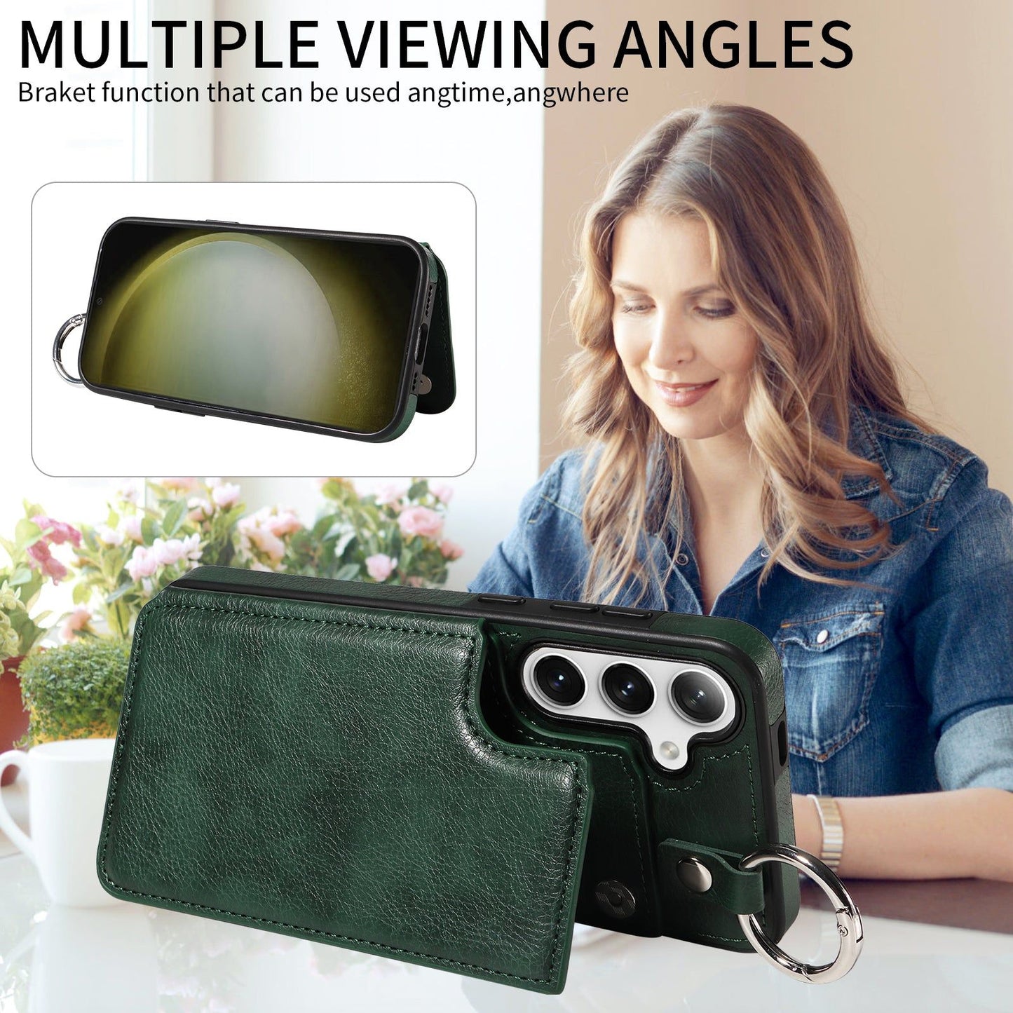 003 For Samsung Galaxy S24 Case Litchi Texture PU Leather Phone Cover with Ring Buckle - Green - UNIQKART