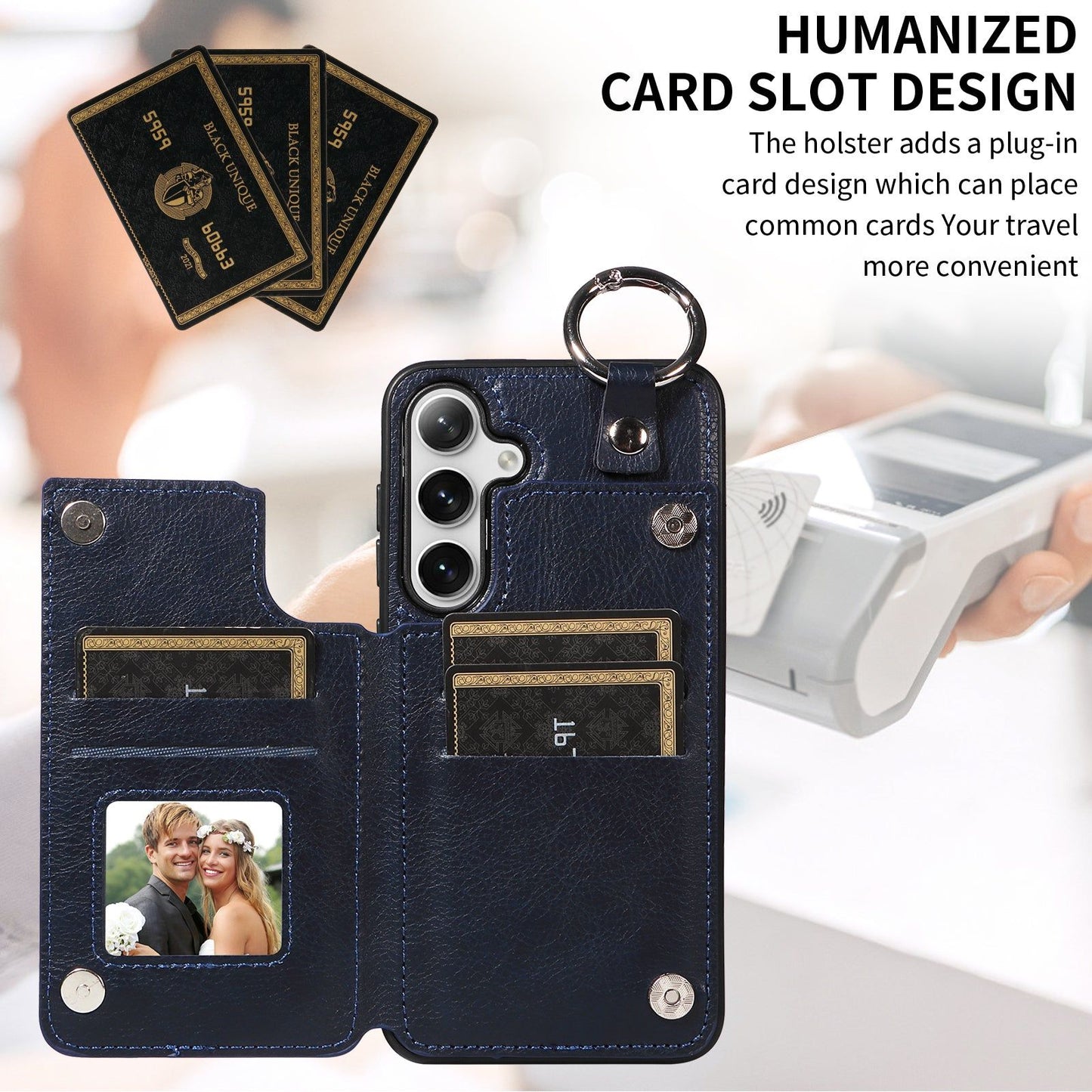 003 For Samsung Galaxy S24 Case Litchi Texture PU Leather Phone Cover with Ring Buckle - Navy Blue - UNIQKART