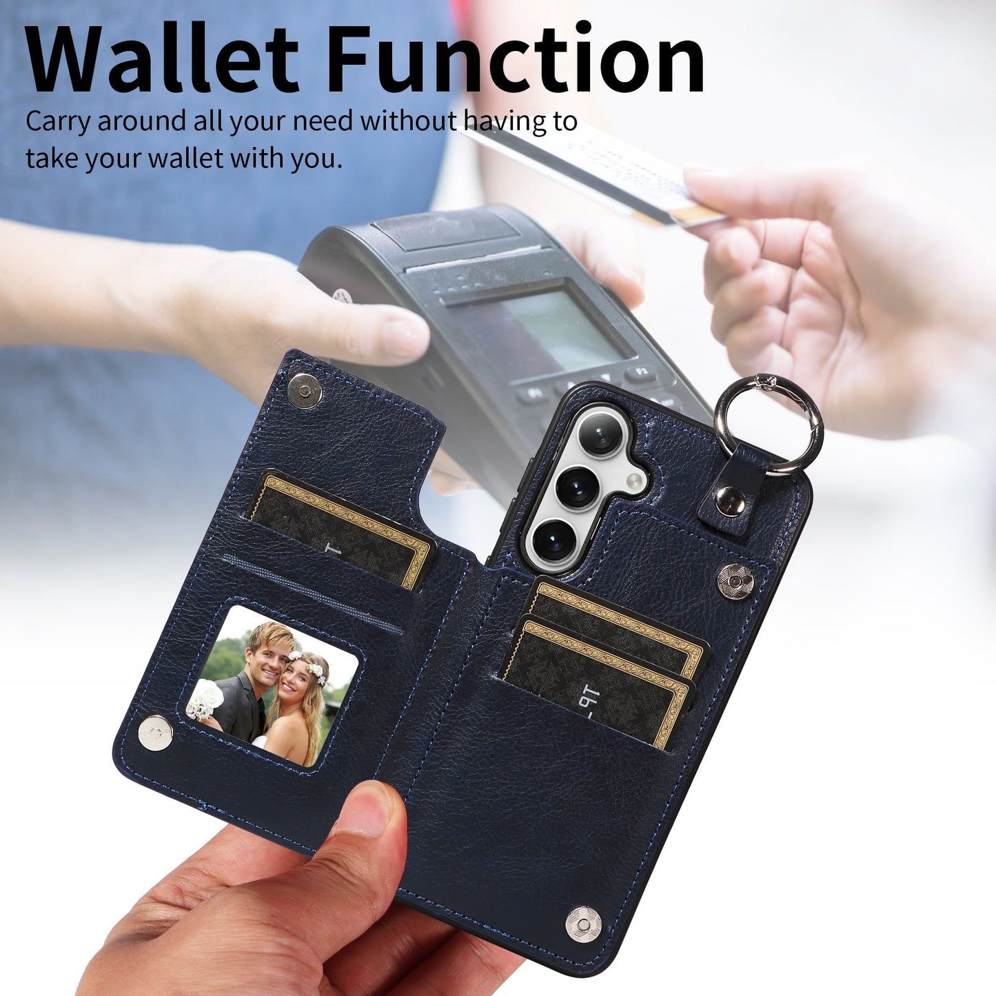 003 For Samsung Galaxy S24 Case Litchi Texture PU Leather Phone Cover with Ring Buckle - Navy Blue - UNIQKART