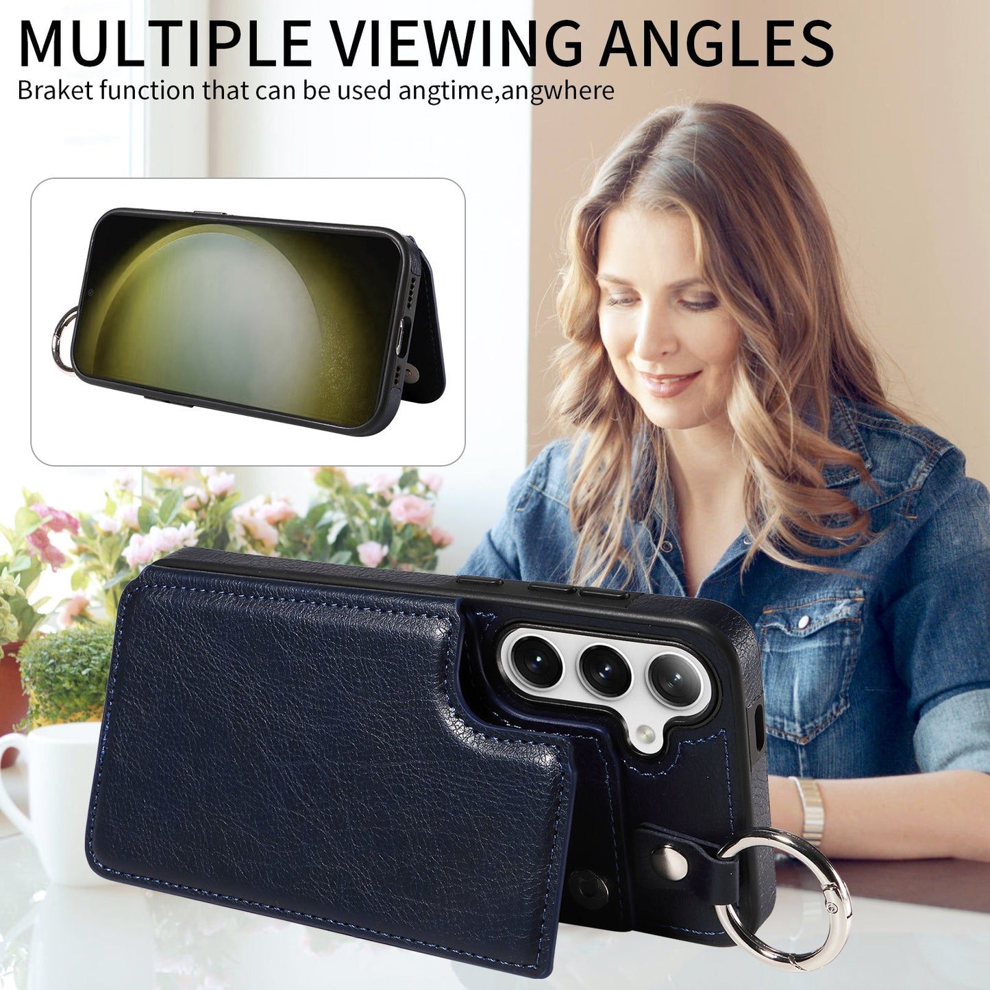 003 For Samsung Galaxy S24 Case Litchi Texture PU Leather Phone Cover with Ring Buckle - Navy Blue - UNIQKART