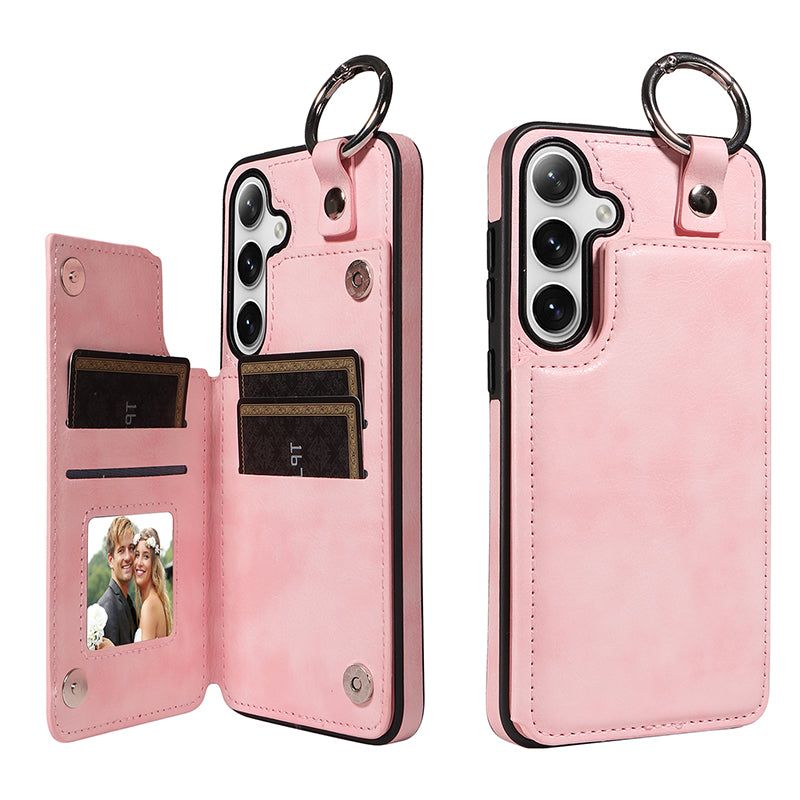 003 For Samsung Galaxy S24 Case Litchi Texture PU Leather Phone Cover with Ring Buckle - Pink - UNIQKART