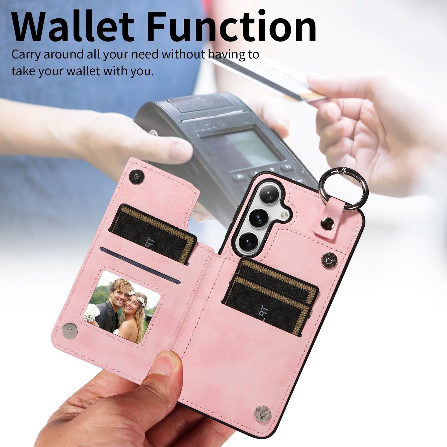003 For Samsung Galaxy S24 Case Litchi Texture PU Leather Phone Cover with Ring Buckle - Pink - UNIQKART