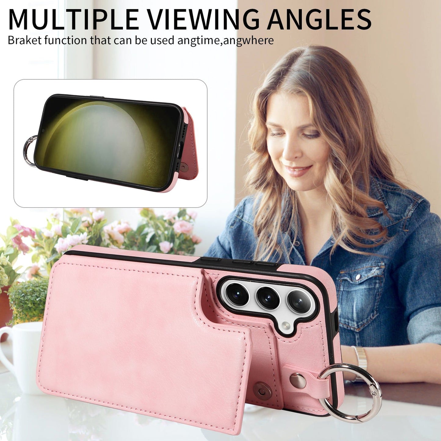 003 For Samsung Galaxy S24 Case Litchi Texture PU Leather Phone Cover with Ring Buckle - Pink - UNIQKART