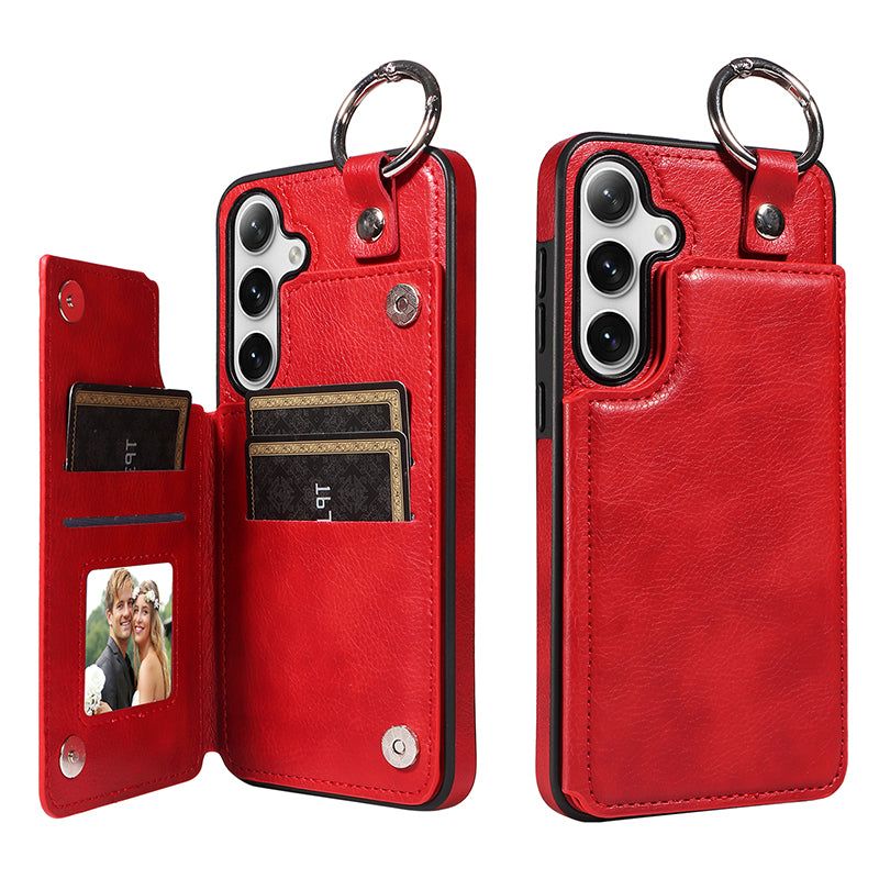 003 For Samsung Galaxy S24 Case Litchi Texture PU Leather Phone Cover with Ring Buckle - Red - UNIQKART