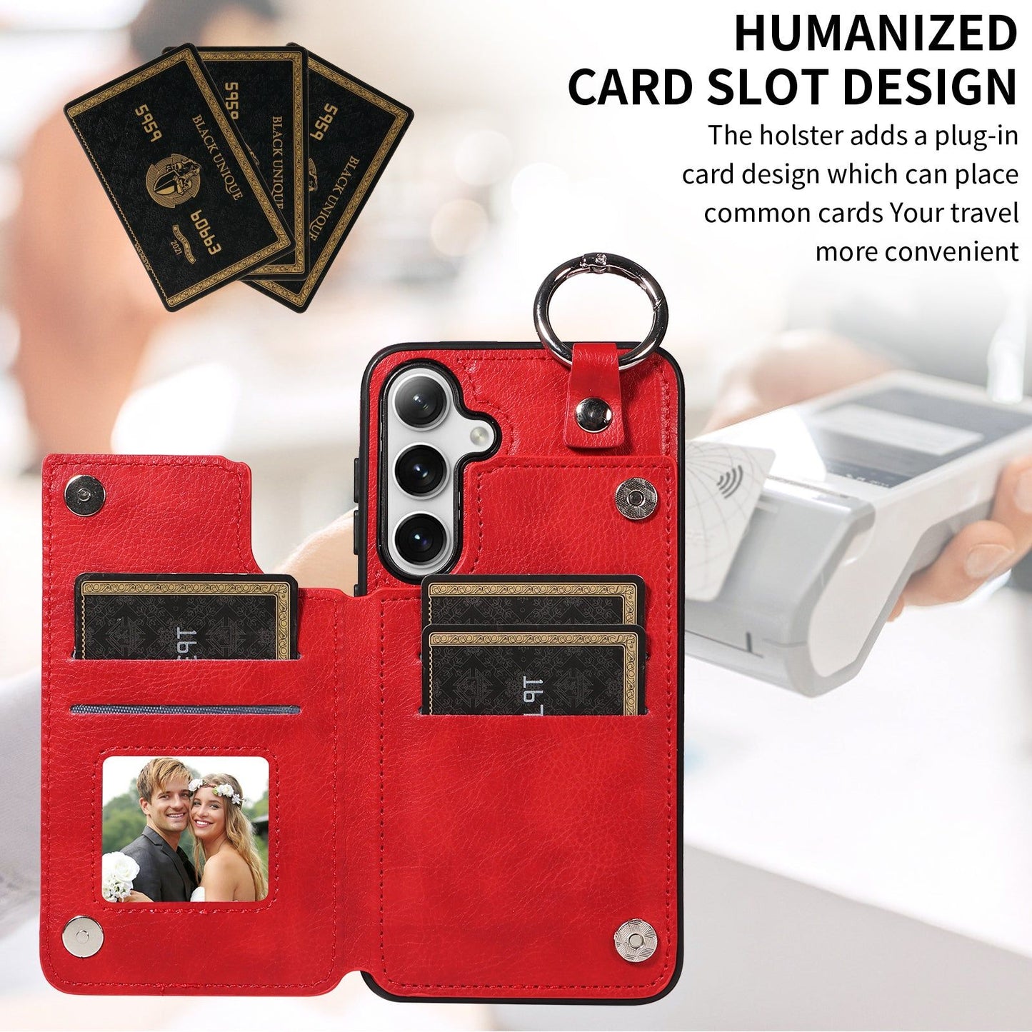 003 For Samsung Galaxy S24 Case Litchi Texture PU Leather Phone Cover with Ring Buckle - Red - UNIQKART