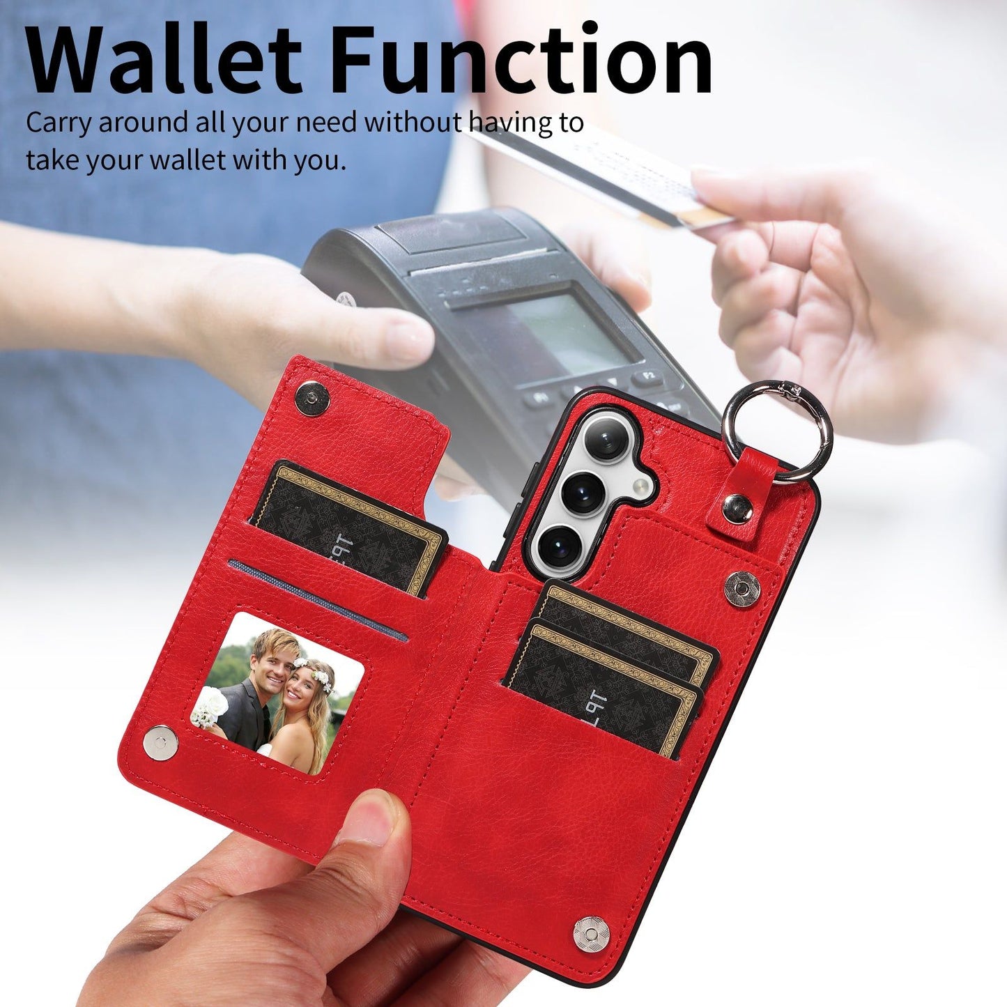 003 For Samsung Galaxy S24 Case Litchi Texture PU Leather Phone Cover with Ring Buckle - Red - UNIQKART