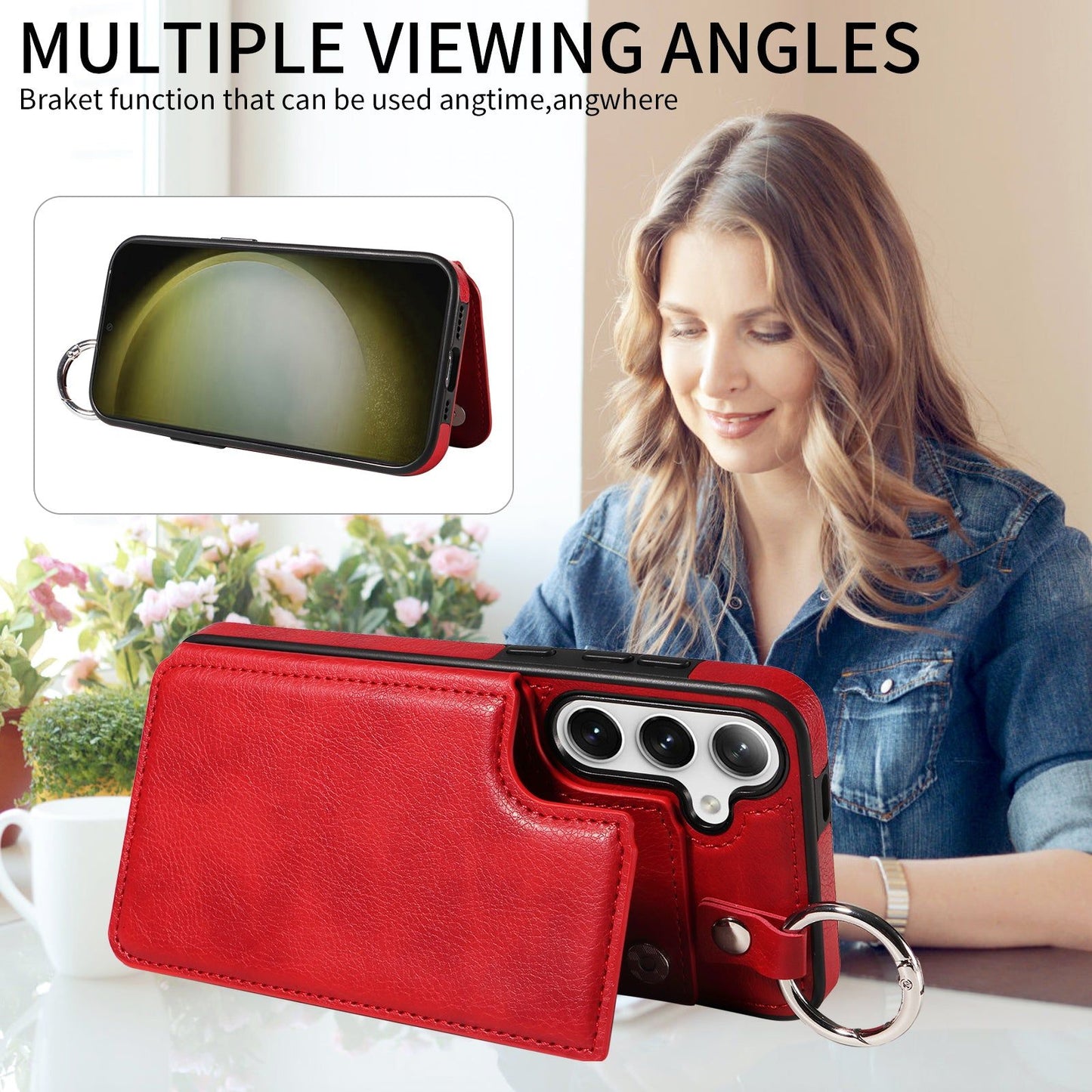 003 For Samsung Galaxy S24 Case Litchi Texture PU Leather Phone Cover with Ring Buckle - Red - UNIQKART