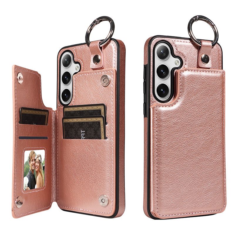 003 For Samsung Galaxy S24 Case Litchi Texture PU Leather Phone Cover with Ring Buckle - Rose Gold - UNIQKART