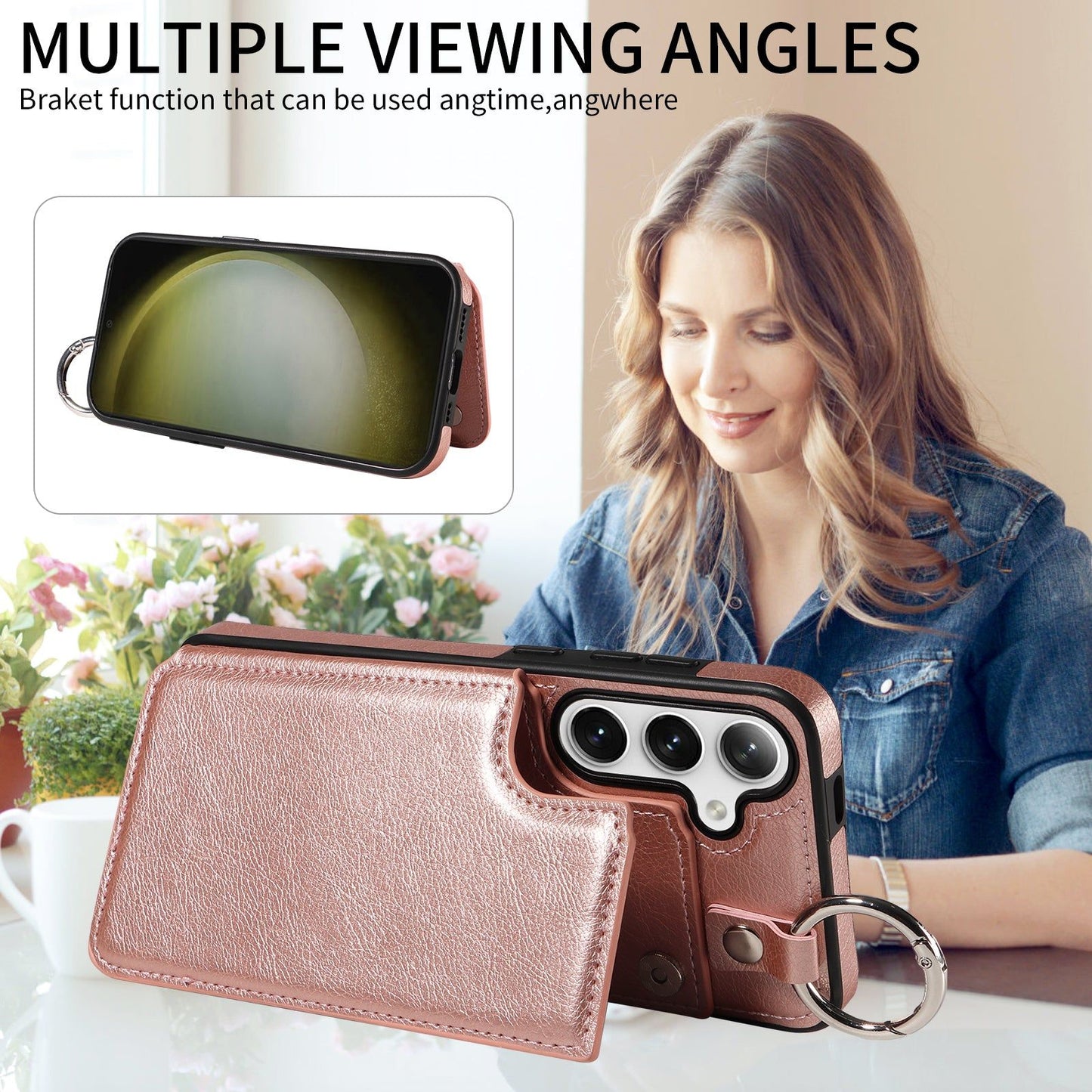 003 For Samsung Galaxy S24 Case Litchi Texture PU Leather Phone Cover with Ring Buckle - Rose Gold - UNIQKART