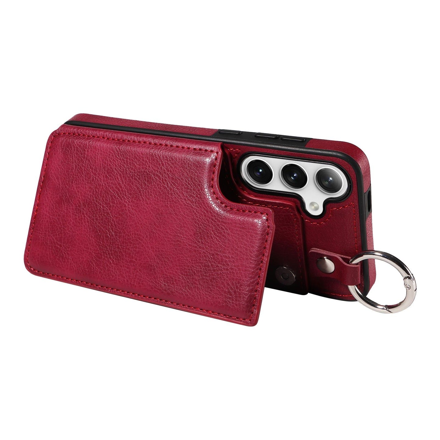 003 For Samsung Galaxy S24 Case Litchi Texture PU Leather Phone Cover with Ring Buckle - Wine Red - UNIQKART