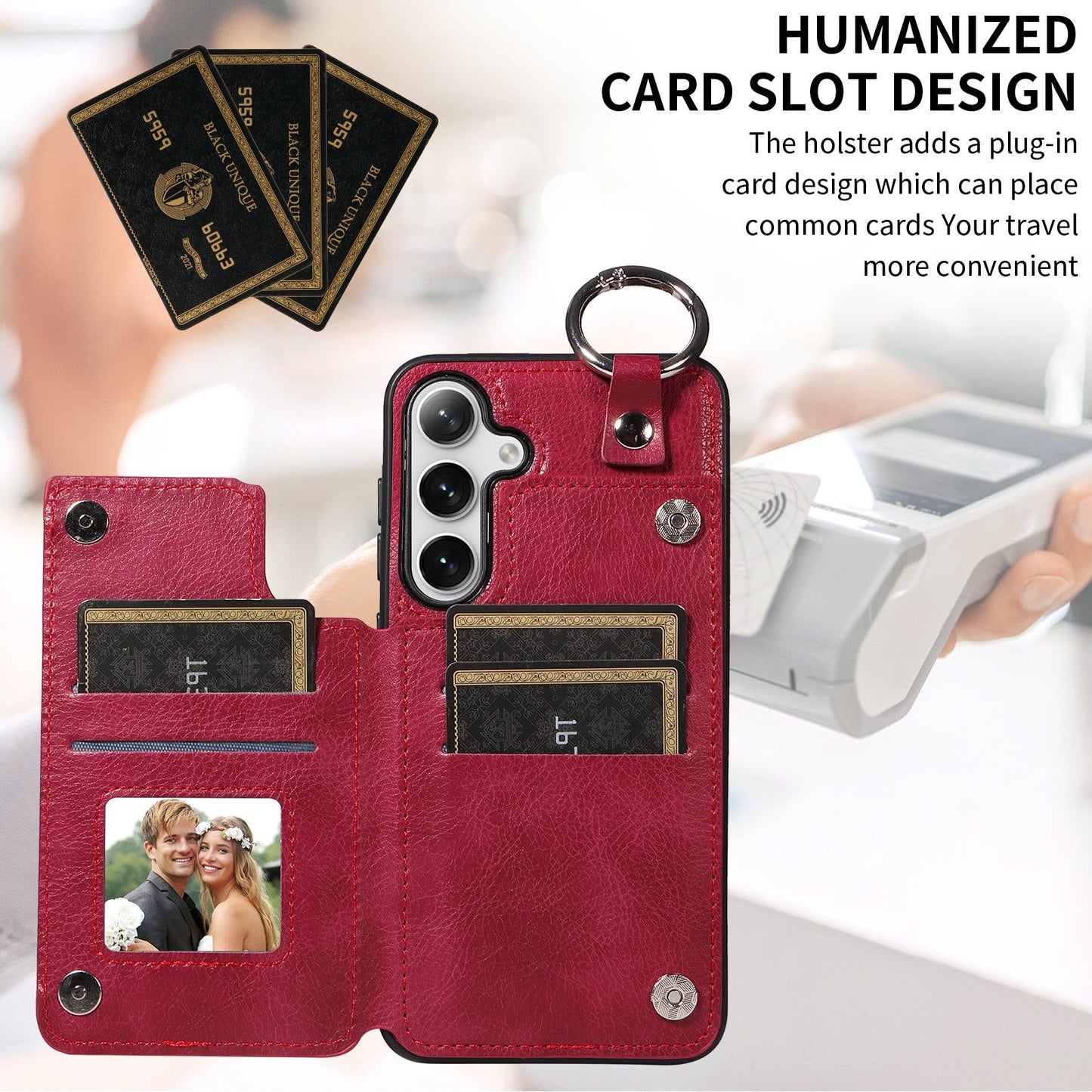 003 For Samsung Galaxy S24 Case Litchi Texture PU Leather Phone Cover with Ring Buckle - Wine Red - UNIQKART