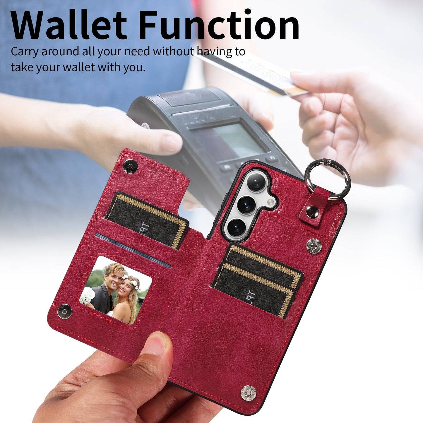 003 For Samsung Galaxy S24 Case Litchi Texture PU Leather Phone Cover with Ring Buckle - Wine Red - UNIQKART