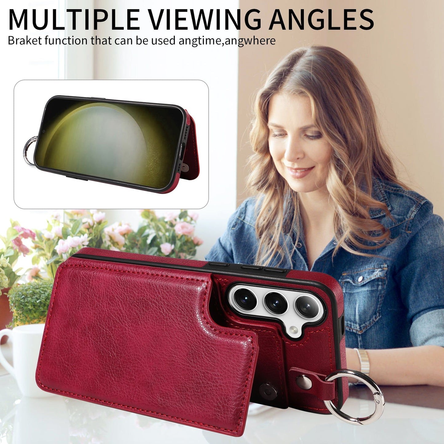 003 For Samsung Galaxy S24 Case Litchi Texture PU Leather Phone Cover with Ring Buckle - Wine Red - UNIQKART