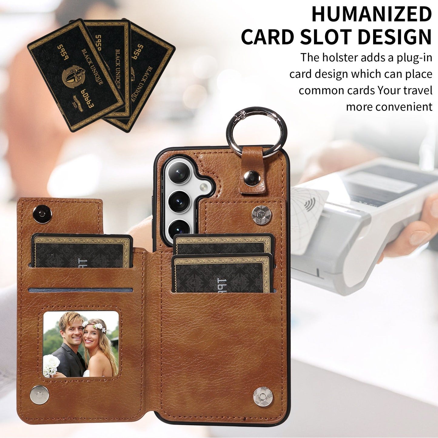 003 For Samsung Galaxy S24+ Magnetic Case Leather Litchi Texture Phone Shell with Hanging Ring - Brown - UNIQKART