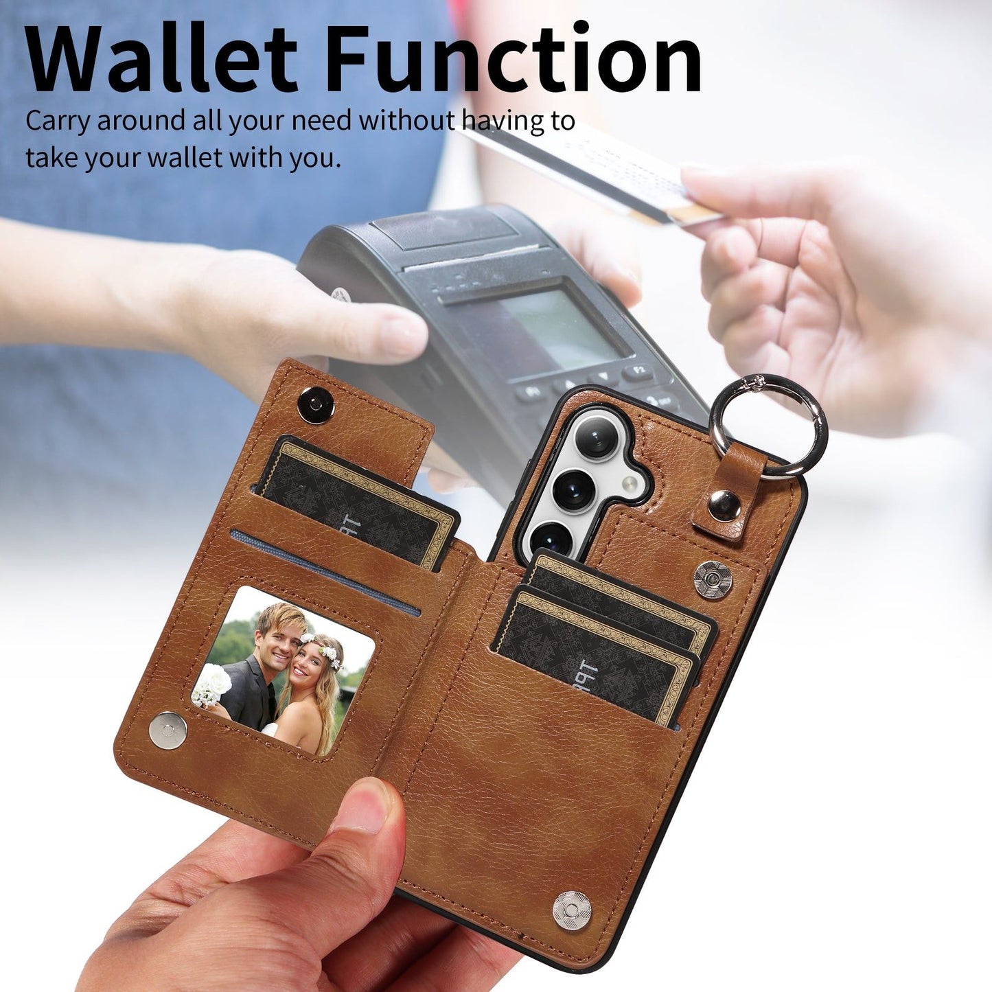 003 For Samsung Galaxy S24+ Magnetic Case Leather Litchi Texture Phone Shell with Hanging Ring - Brown - UNIQKART