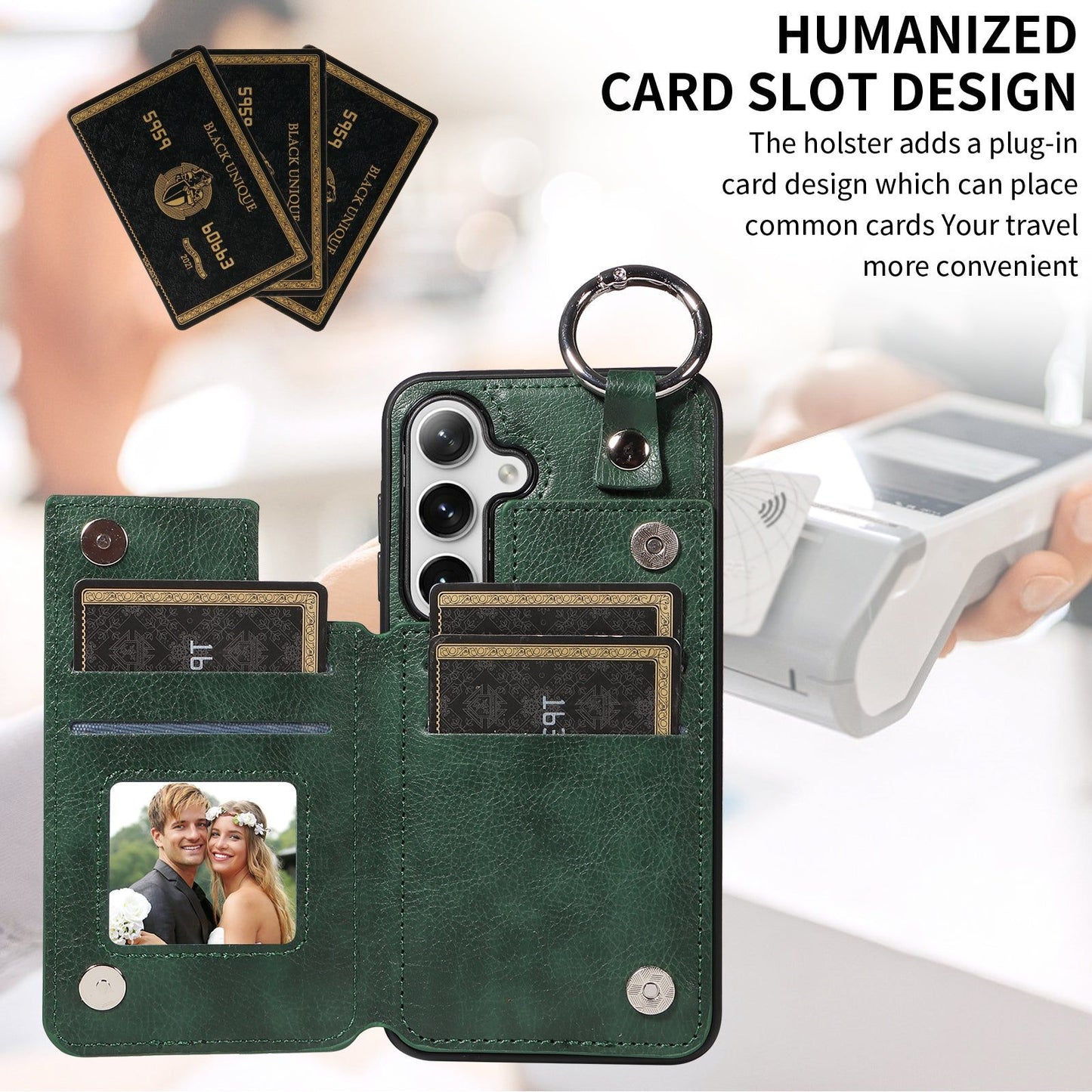 003 For Samsung Galaxy S24+ Magnetic Case Leather Litchi Texture Phone Shell with Hanging Ring - Green - UNIQKART