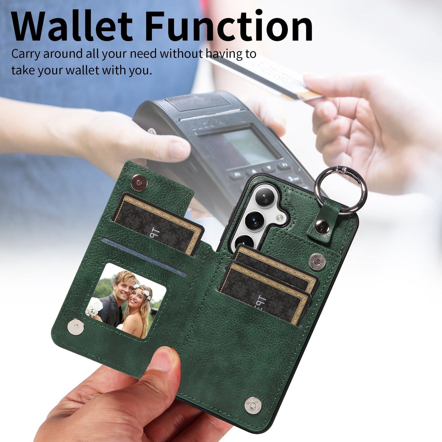 003 For Samsung Galaxy S24+ Magnetic Case Leather Litchi Texture Phone Shell with Hanging Ring - Green - UNIQKART