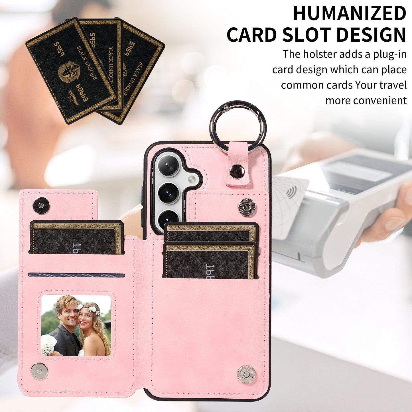 003 For Samsung Galaxy S24+ Magnetic Case Leather Litchi Texture Phone Shell with Hanging Ring - Pink - UNIQKART