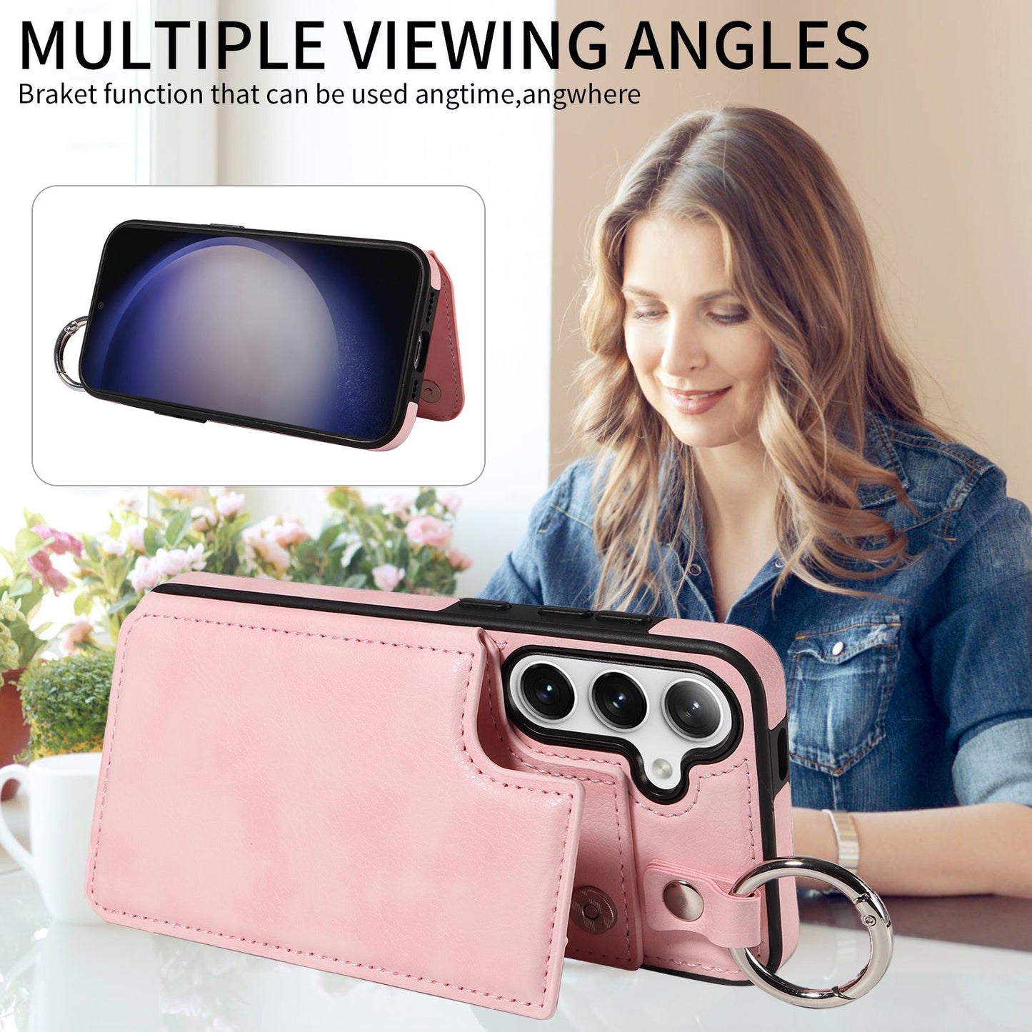 003 For Samsung Galaxy S24+ Magnetic Case Leather Litchi Texture Phone Shell with Hanging Ring - Pink - UNIQKART