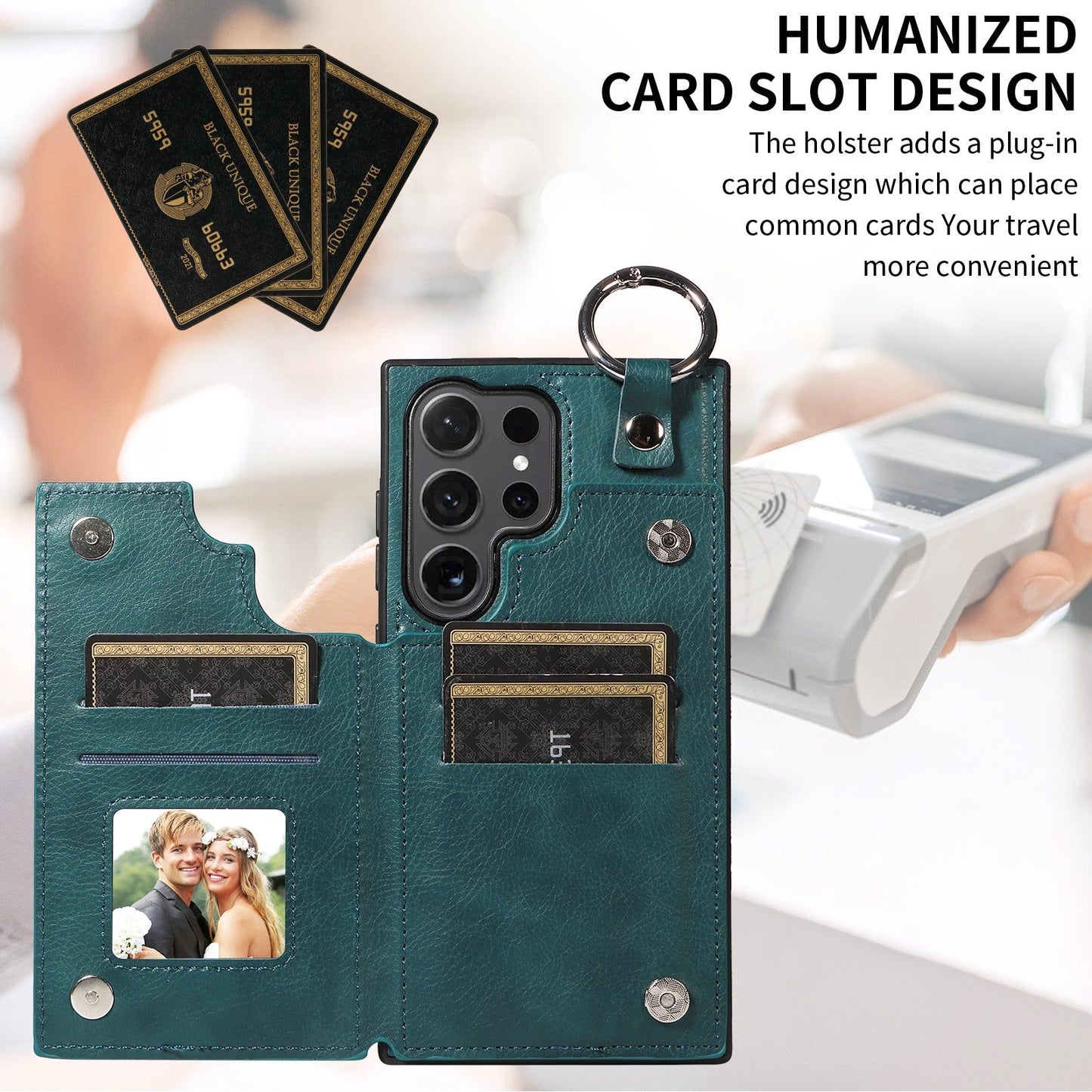 003 For Samsung Galaxy S24 Ultra Case Leather+TPU Phone Cover with Card Holder - Blue Green - UNIQKART