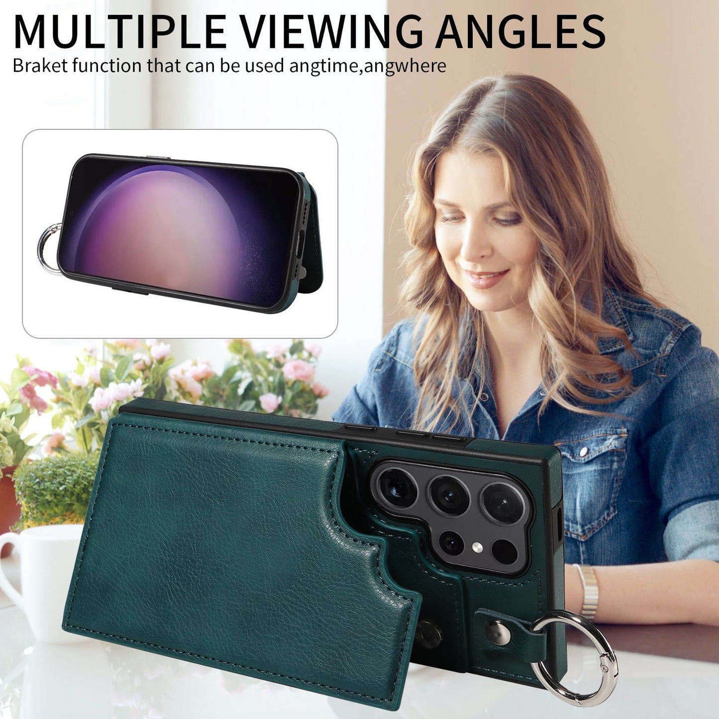 003 For Samsung Galaxy S24 Ultra Case Leather+TPU Phone Cover with Card Holder - Blue Green - UNIQKART