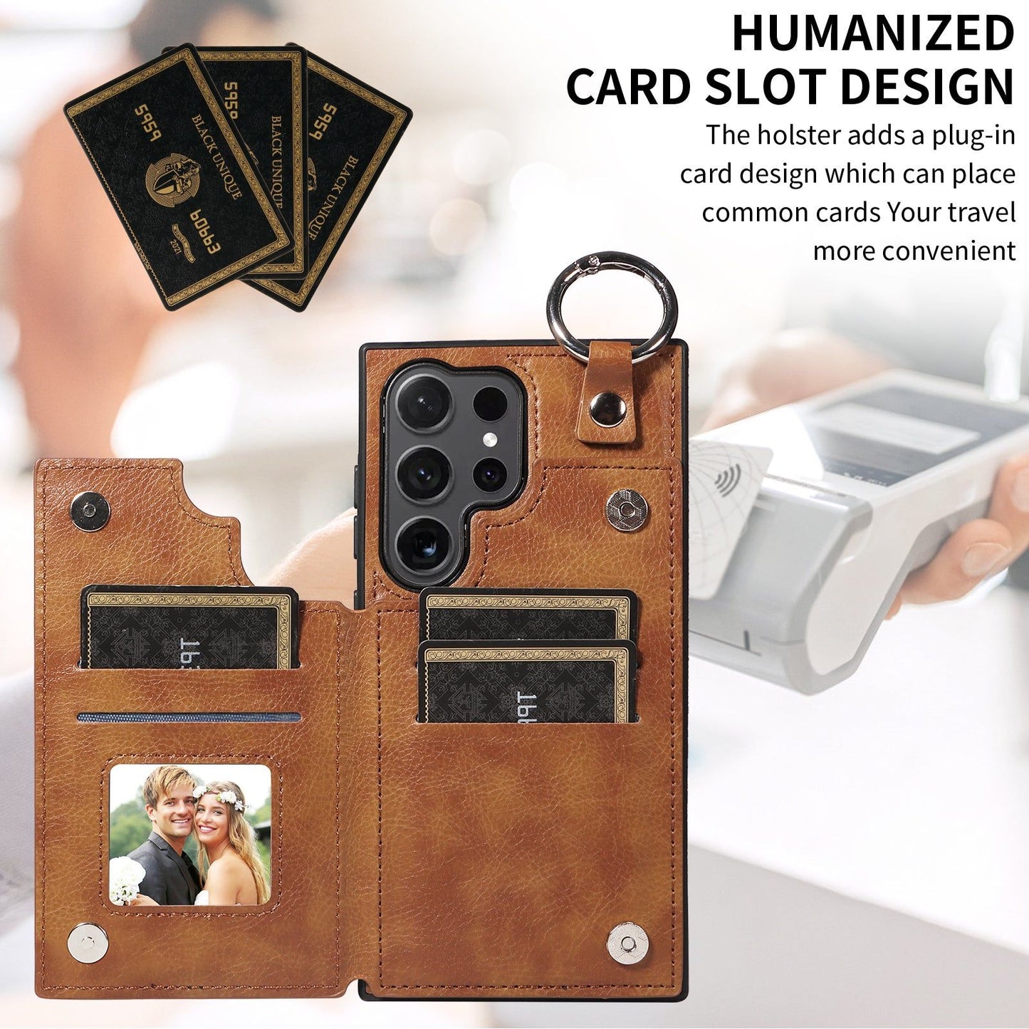 003 For Samsung Galaxy S24 Ultra Case Leather+TPU Phone Cover with Card Holder - Brown - UNIQKART