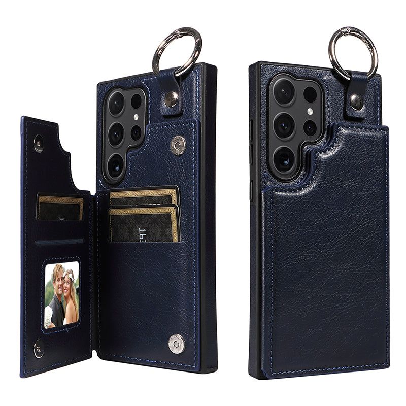 003 For Samsung Galaxy S24 Ultra Case Leather+TPU Phone Cover with Card Holder - Navy Blue - UNIQKART