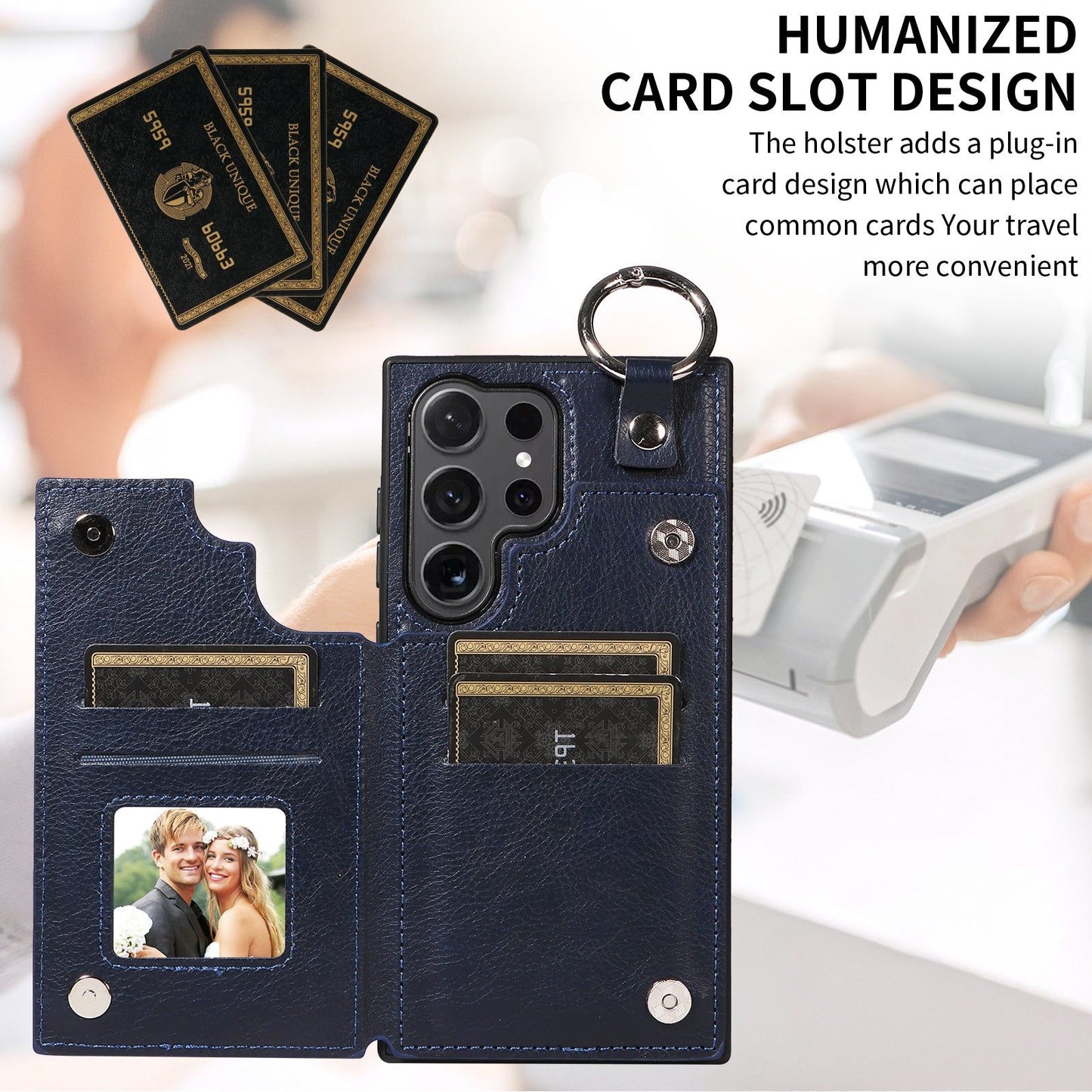 003 For Samsung Galaxy S24 Ultra Case Leather+TPU Phone Cover with Card Holder - Navy Blue - UNIQKART