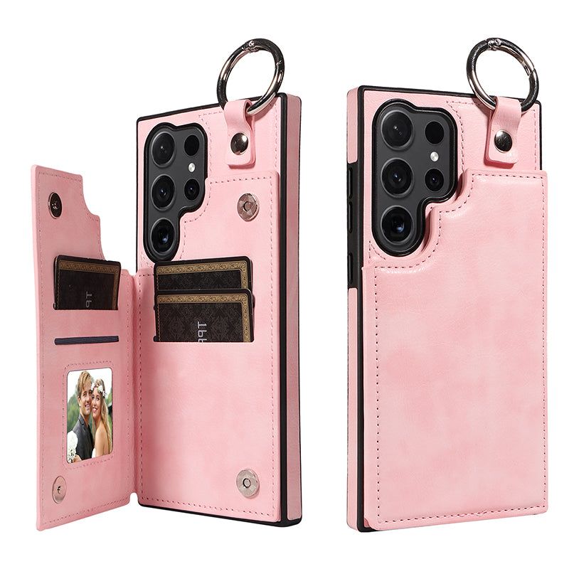 003 For Samsung Galaxy S24 Ultra Case Leather+TPU Phone Cover with Card Holder - Pink - UNIQKART