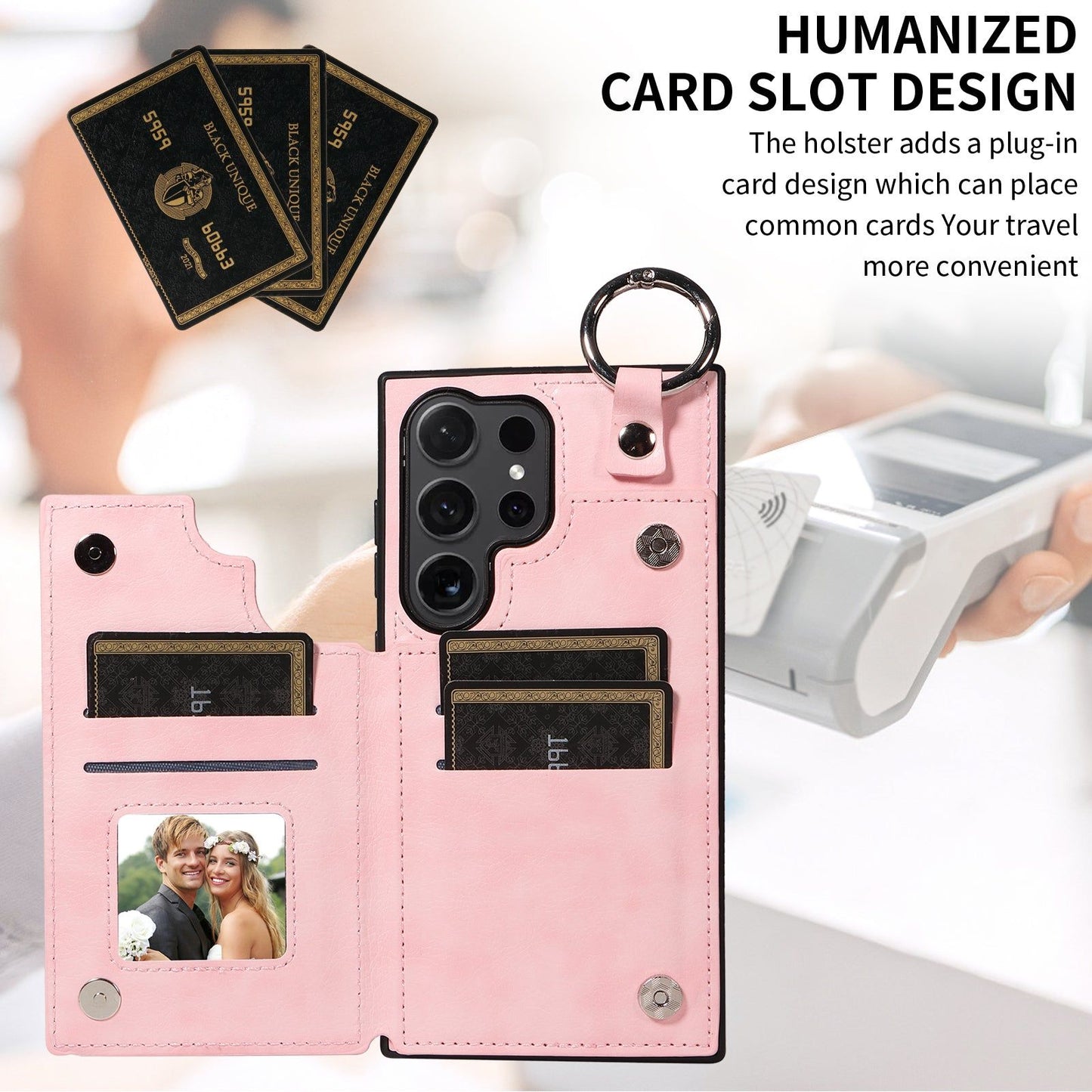 003 For Samsung Galaxy S24 Ultra Case Leather+TPU Phone Cover with Card Holder - Pink - UNIQKART