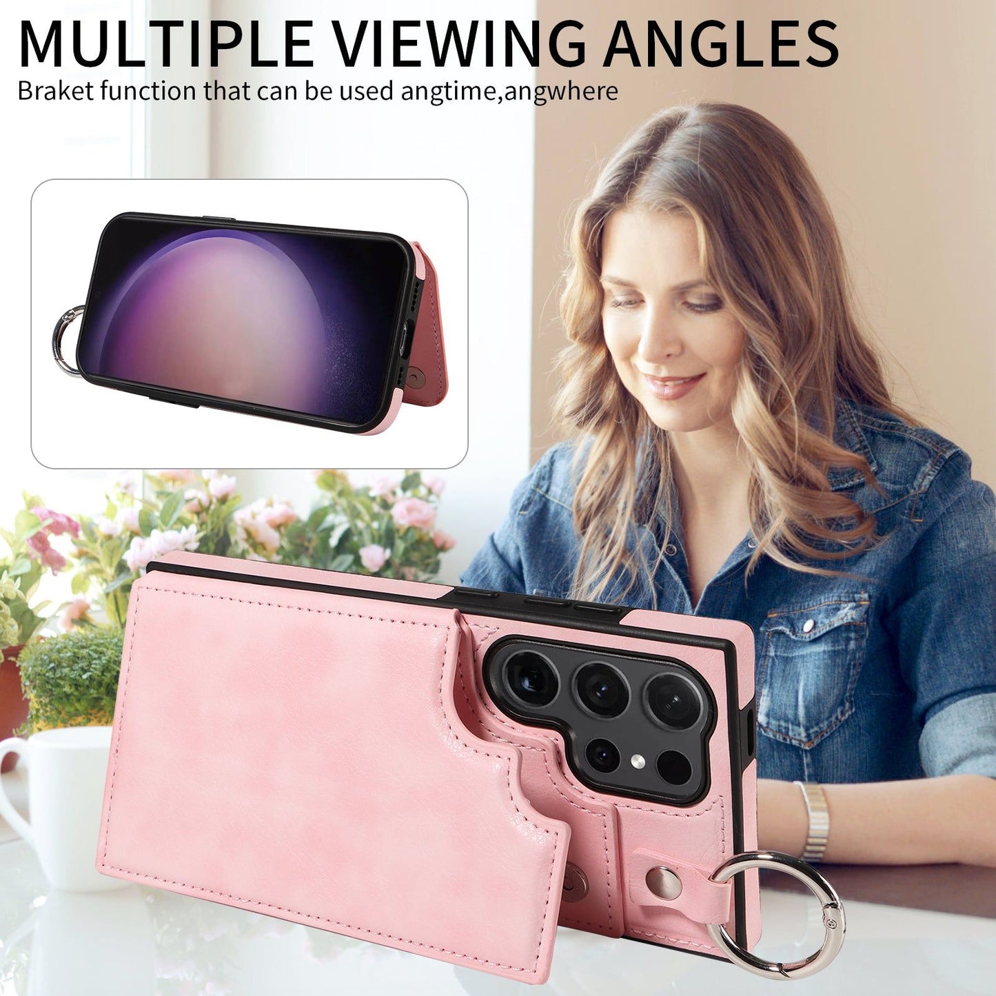 003 For Samsung Galaxy S24 Ultra Case Leather+TPU Phone Cover with Card Holder - Pink - UNIQKART