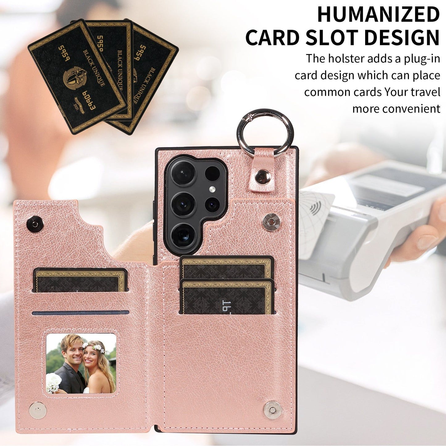 003 For Samsung Galaxy S24 Ultra Case Leather+TPU Phone Cover with Card Holder - Rose Gold - UNIQKART
