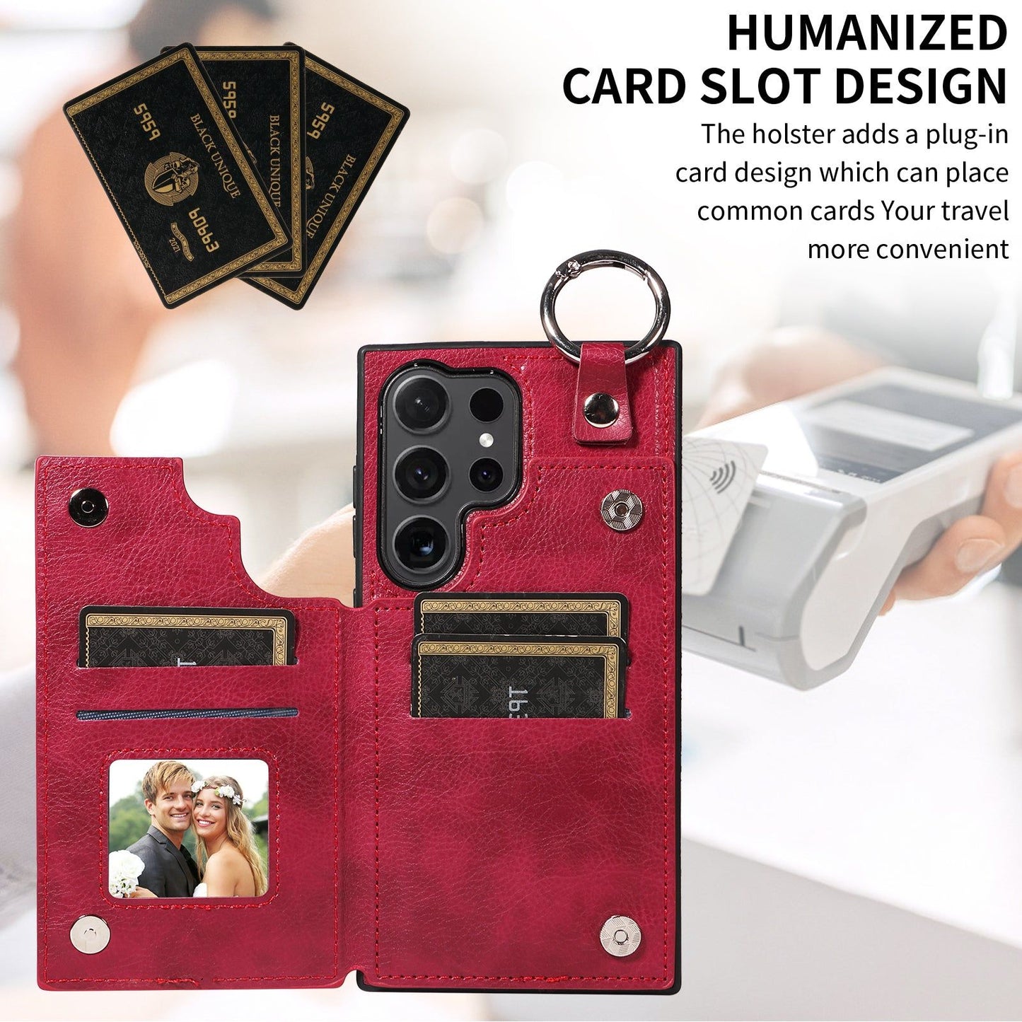 003 For Samsung Galaxy S24 Ultra Case Leather+TPU Phone Cover with Card Holder - Wine Red - UNIQKART