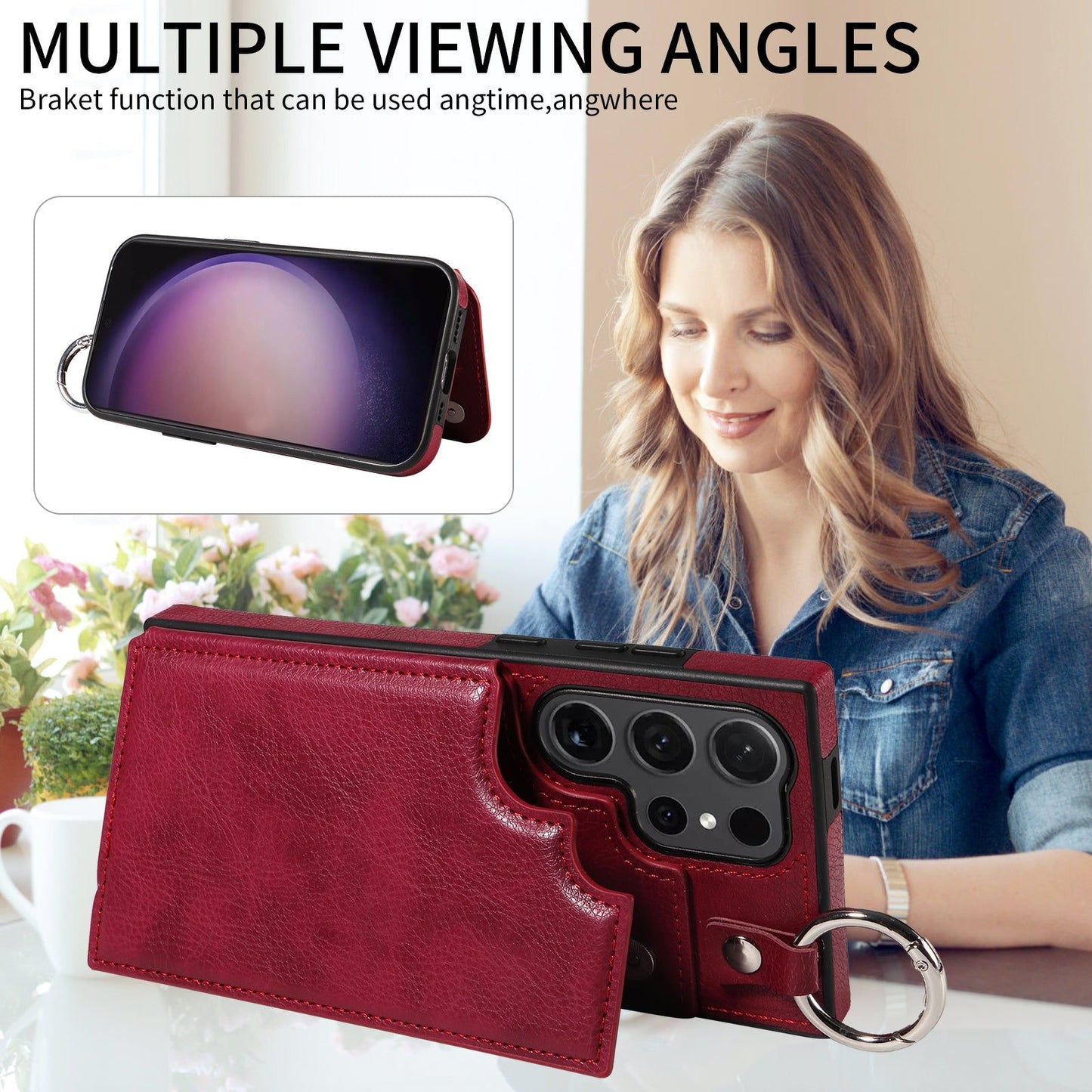 003 For Samsung Galaxy S24 Ultra Case Leather+TPU Phone Cover with Card Holder - Wine Red - UNIQKART