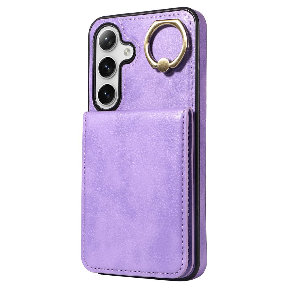 004 For Samsung Galaxy S24 Case Magnetic PU Leather+TPU Litchi Texture Phone Shell with Ring Holder - Light Purple - UNIQKART