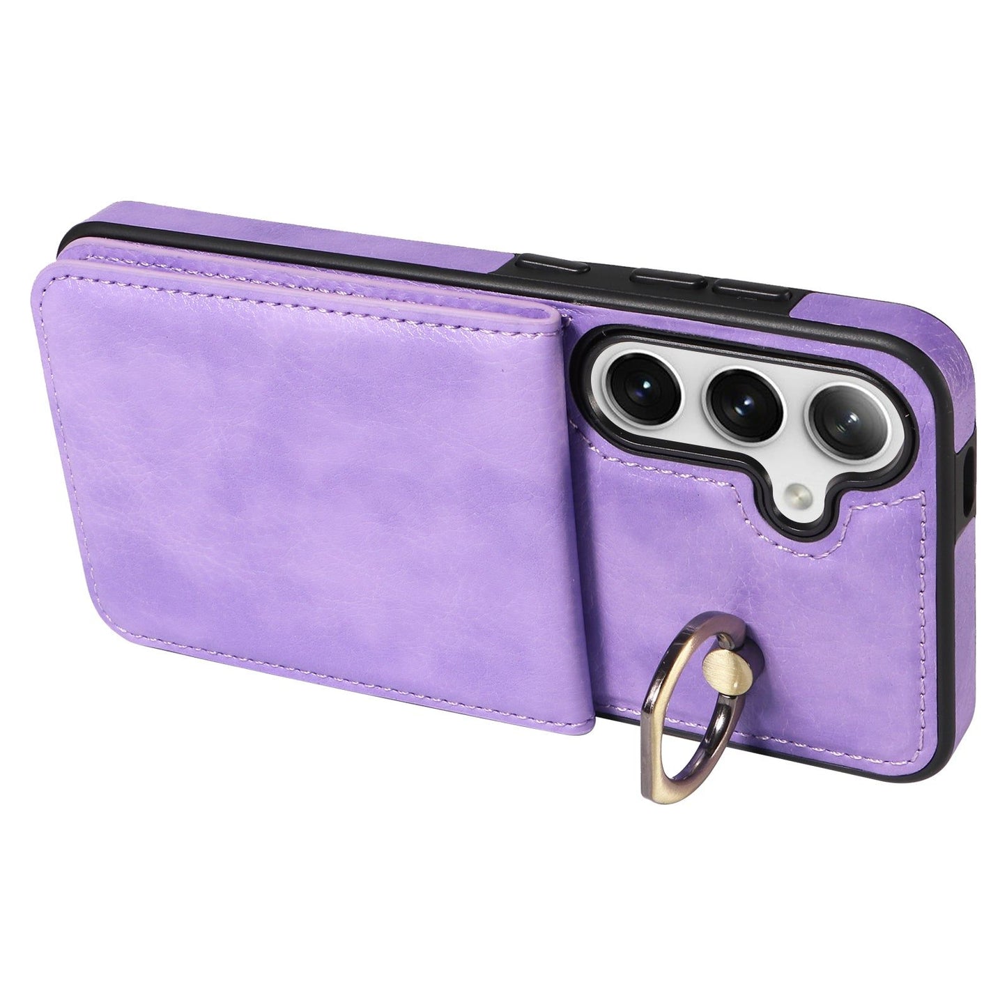 004 For Samsung Galaxy S24 Case Magnetic PU Leather+TPU Litchi Texture Phone Shell with Ring Holder - Light Purple - UNIQKART